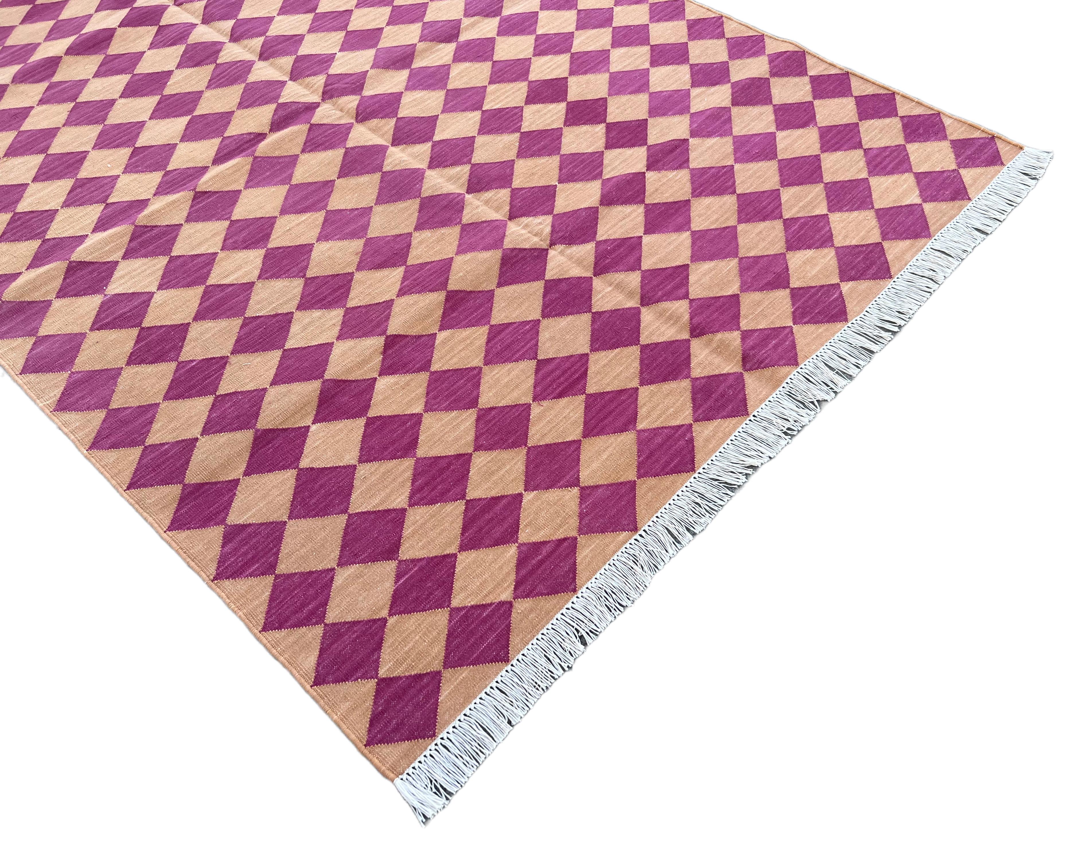 Hand-Woven Handmade Cotton Area Flat Weave Rug, 4x6 Pink And Tan Checked Indian Dhurrie Rug For Sale