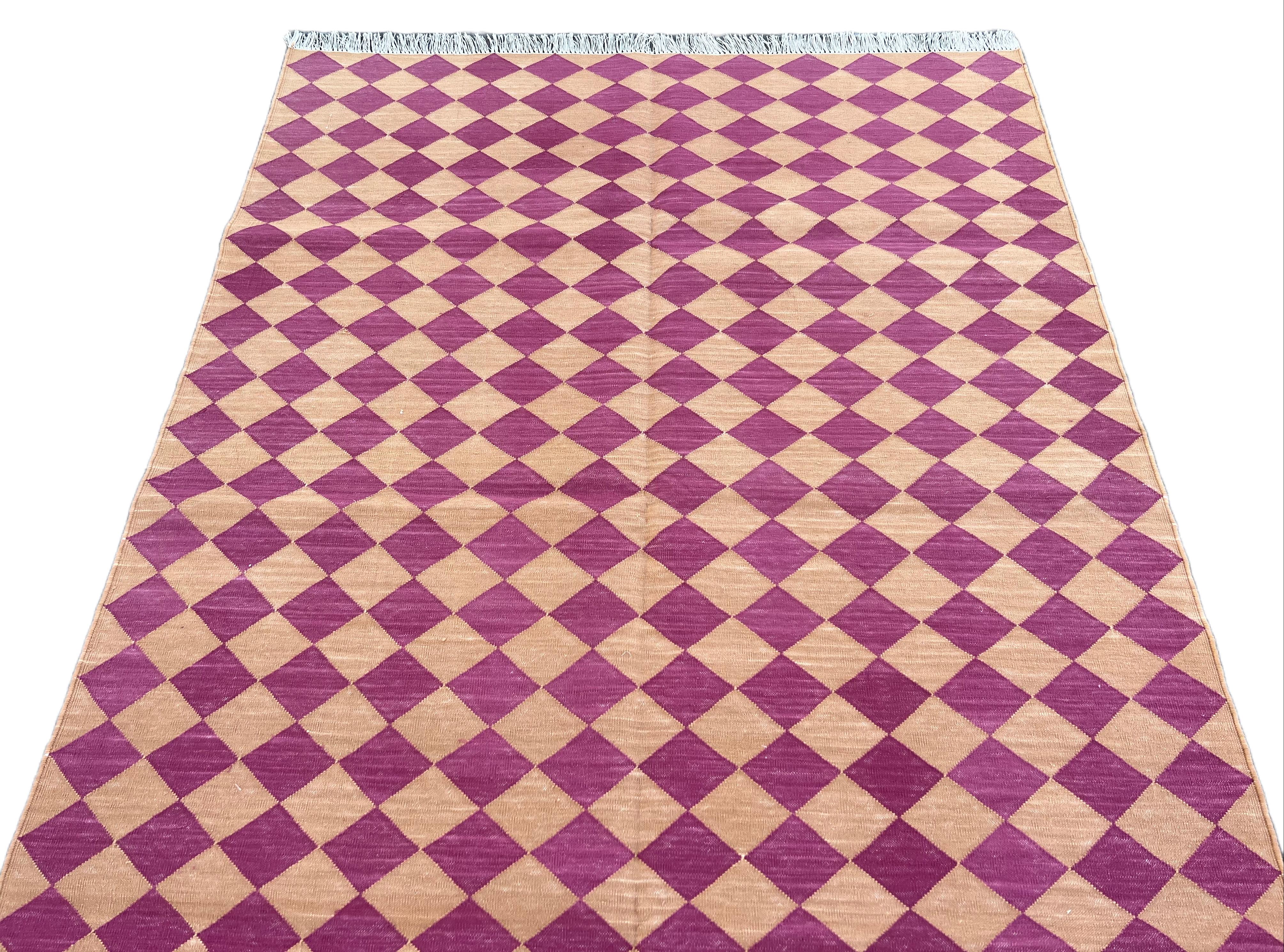 Handmade Cotton Area Flat Weave Rug, 4x6 Pink And Tan Checked Indian Dhurrie Rug For Sale 1