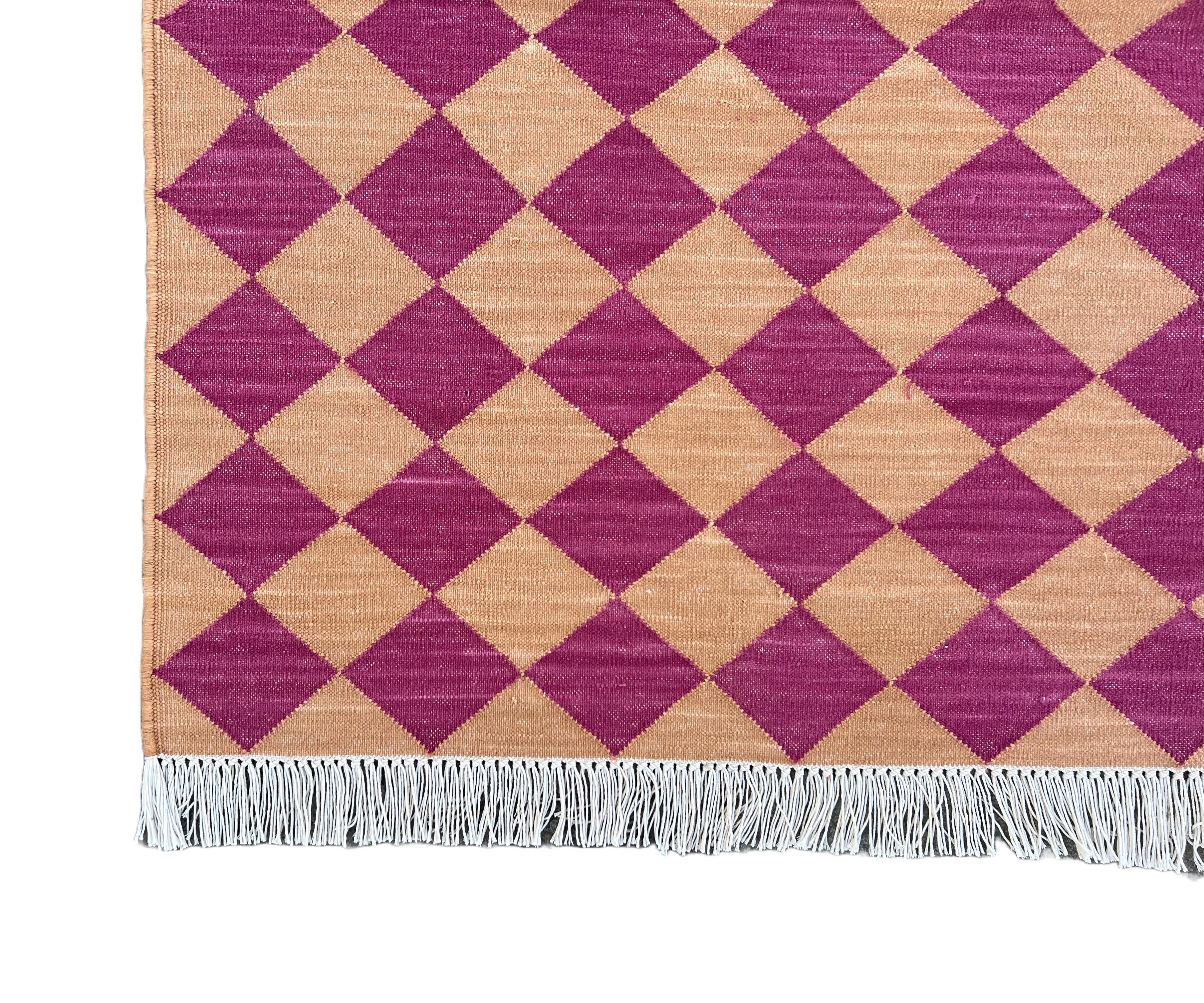 Handmade Cotton Area Flat Weave Rug, 4x6 Pink And Tan Checked Indian Dhurrie Rug For Sale 2