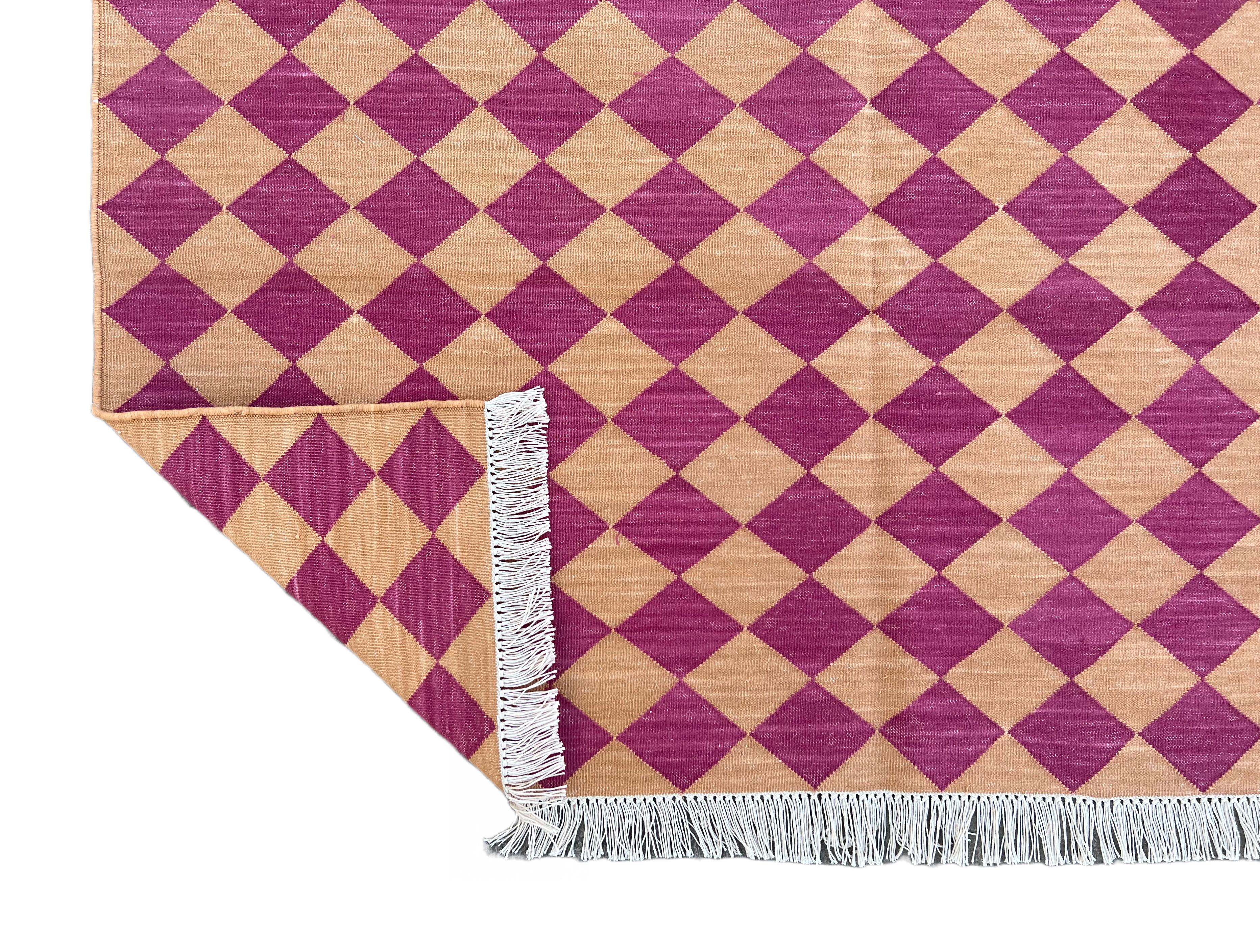 Handmade Cotton Area Flat Weave Rug, 4x6 Pink And Tan Checked Indian Dhurrie Rug For Sale 3