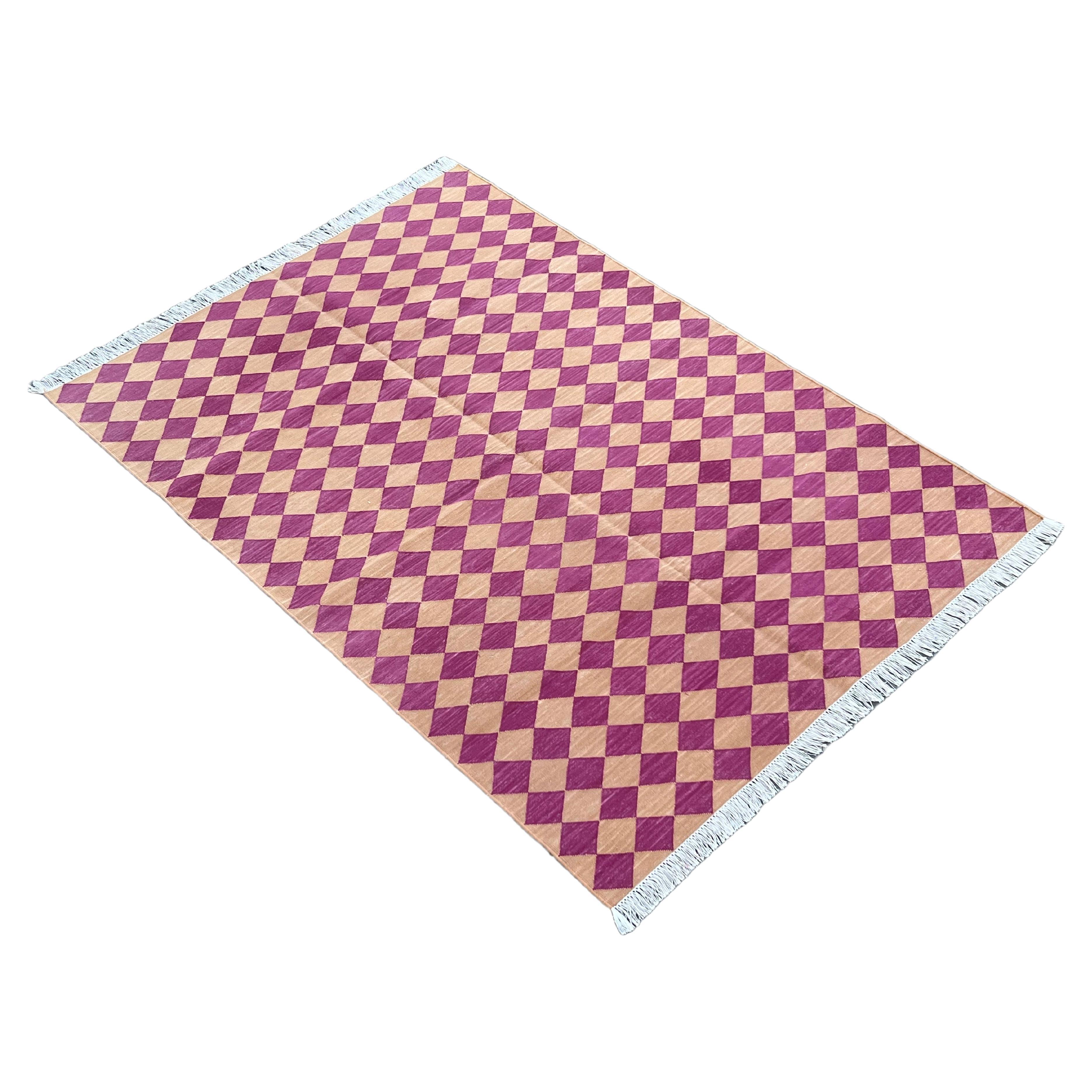 Handmade Cotton Area Flat Weave Rug, 4x6 Pink And Tan Checked Indian Dhurrie Rug For Sale