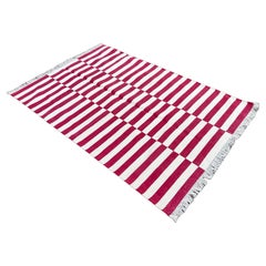 Tapis en coton tissé à plat, 4x6 rose et blanc, rayé Up Down Dhurrie