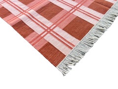 Handmade Cotton Area Flat Weave Rug, 4x6 Red And Pink Checked Indian Dhurrie Rug