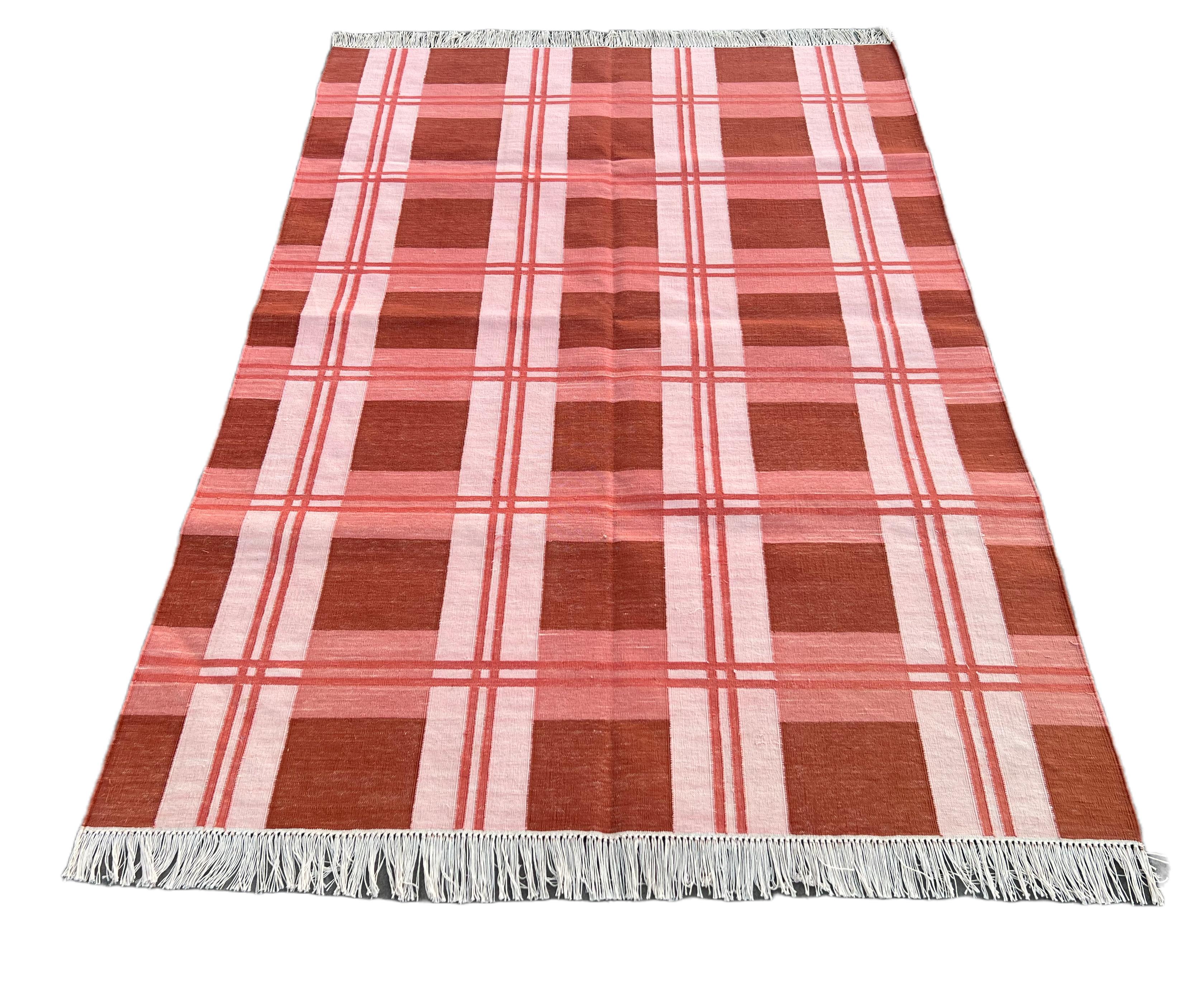 Handmade Cotton Area Flat Weave Rug, 4x6 Red And Pink Checked Indian Dhurrie Rug For Sale 1