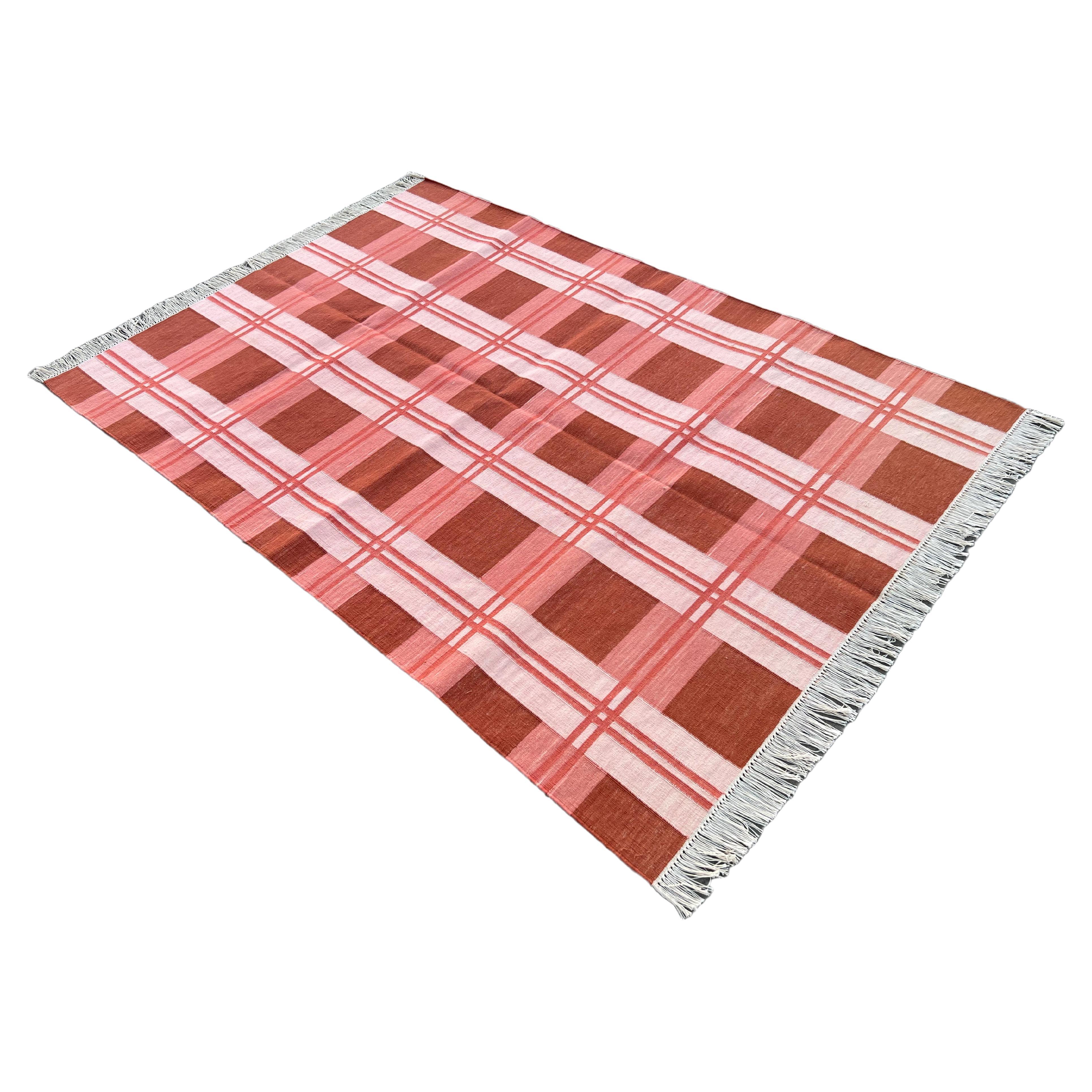 Handmade Cotton Area Flat Weave Rug, 4x6 Red And Pink Checked Indian Dhurrie Rug For Sale