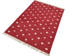 Handmade Cotton Area Flat Weave Rug, 4x6 Red And White Diamond Indian Dhurrie