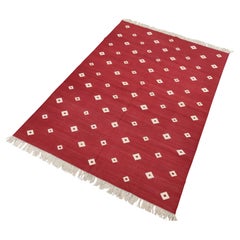 Handmade Cotton Area Flat Weave Rug, 4x6 Red And White Diamond Indian Dhurrie