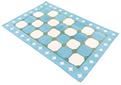 Handmade Cotton Area Flat Weave Rug, 4x6 Sky Blue And Green Tile Indian Dhurrie
