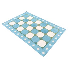 Handmade Cotton Area Flat Weave Rug, 4x6 Sky Blue And Green Tile Indian Dhurrie