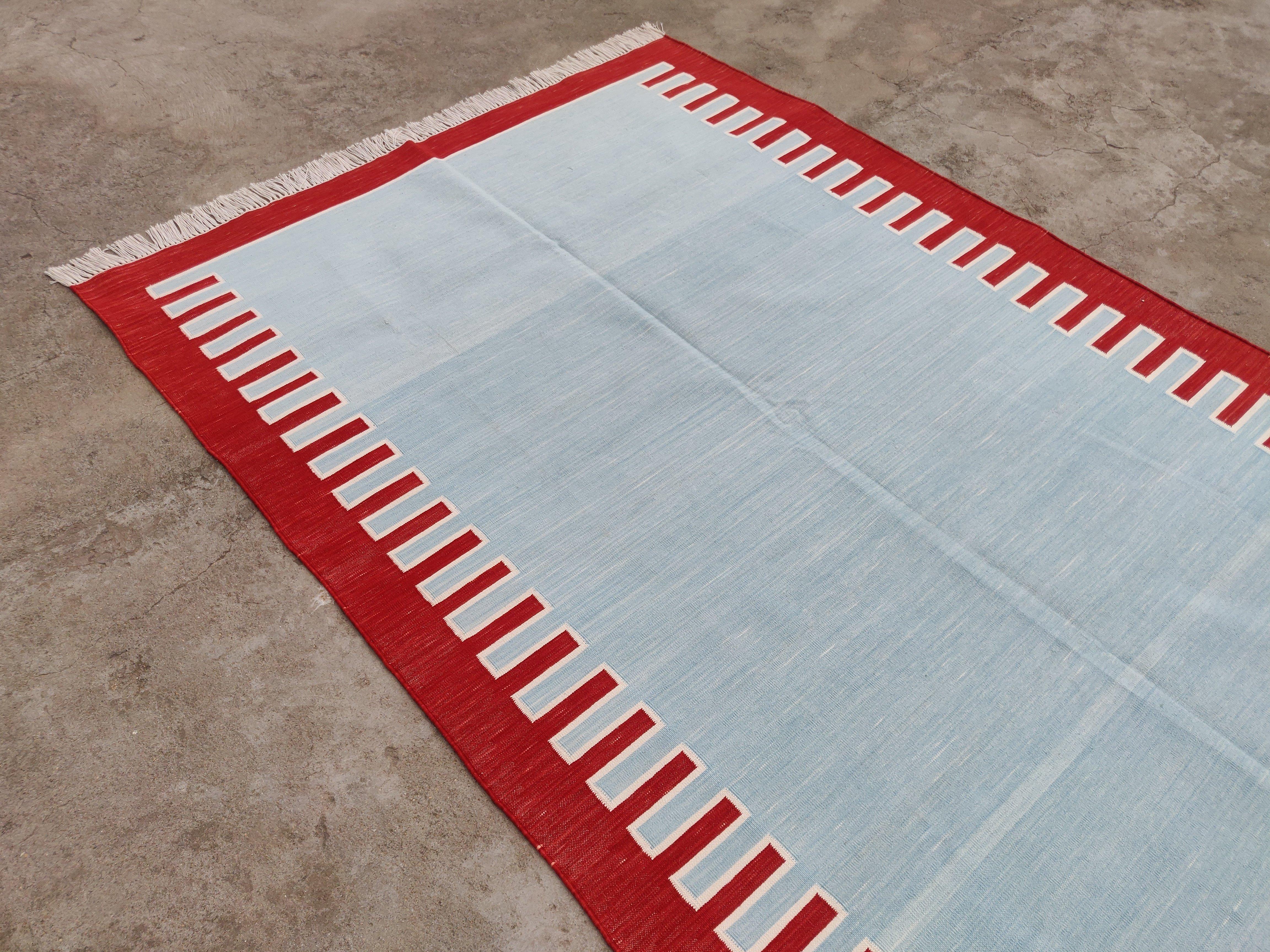 Hand-Woven Handmade Cotton Area Flat Weave Rug, 4x6 Sky Blue And Red Striped Indian Dhurrie For Sale