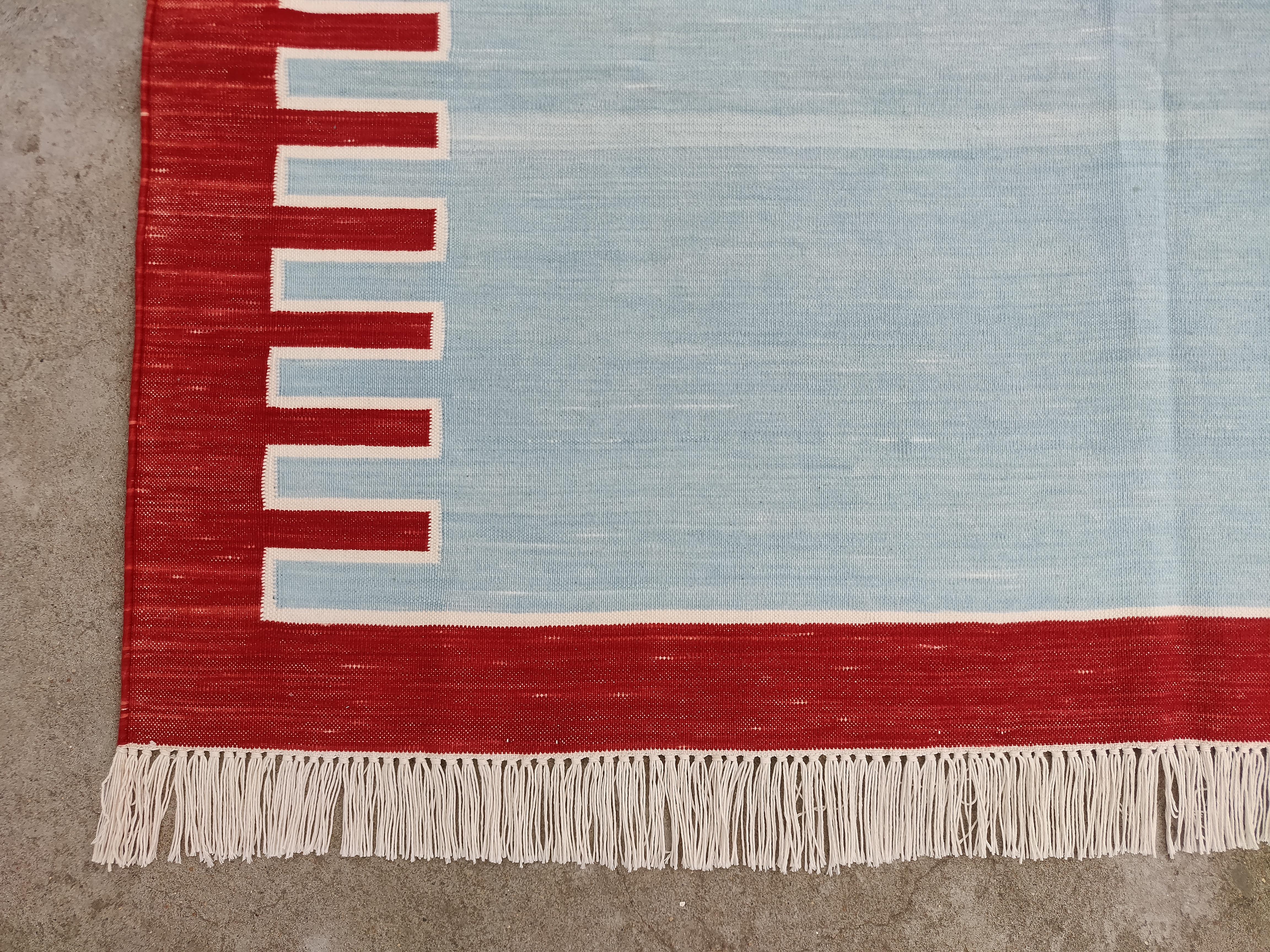 Contemporary Handmade Cotton Area Flat Weave Rug, 4x6 Sky Blue And Red Striped Indian Dhurrie For Sale