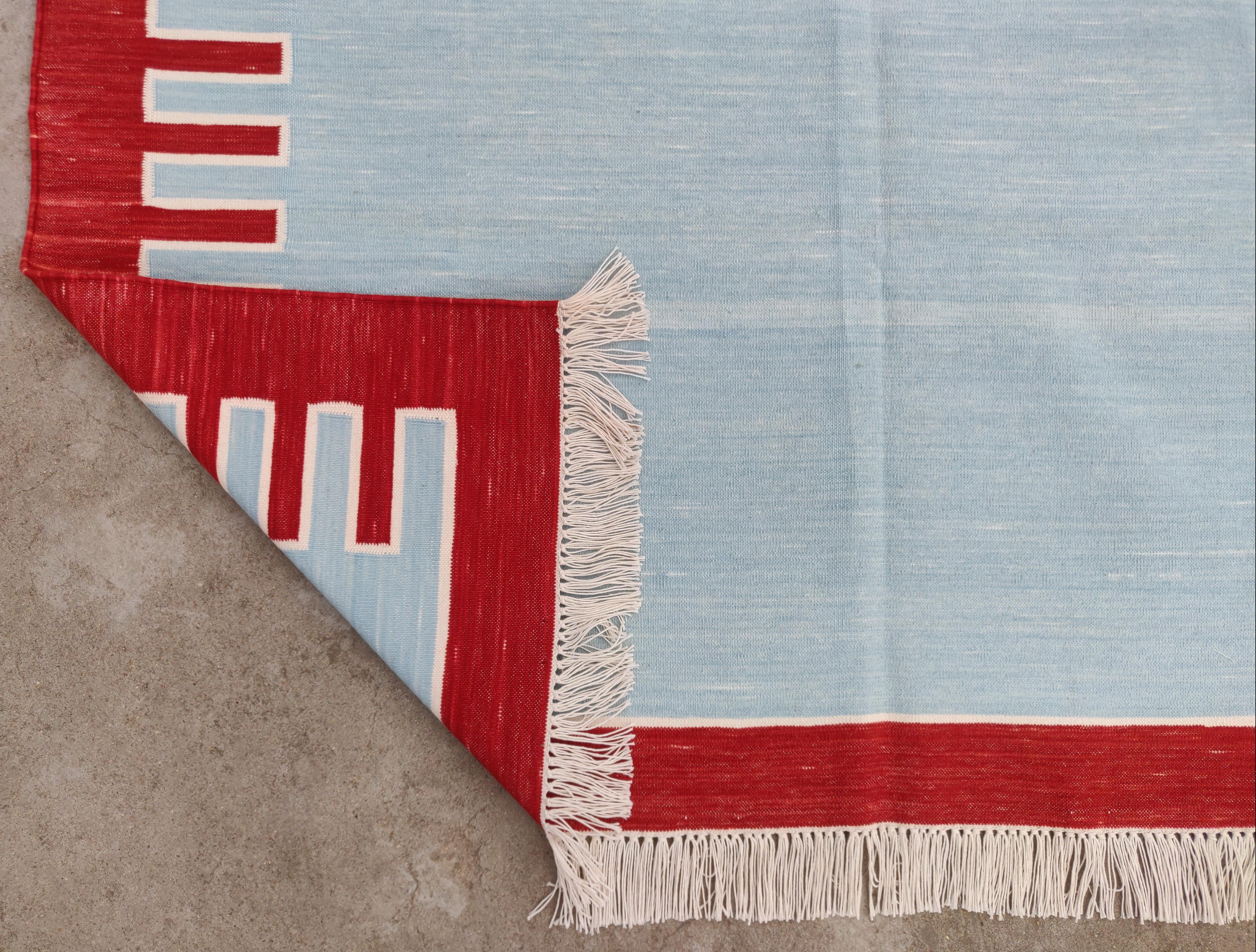 Handmade Cotton Area Flat Weave Rug, 4x6 Sky Blue And Red Striped Indian Dhurrie For Sale 1