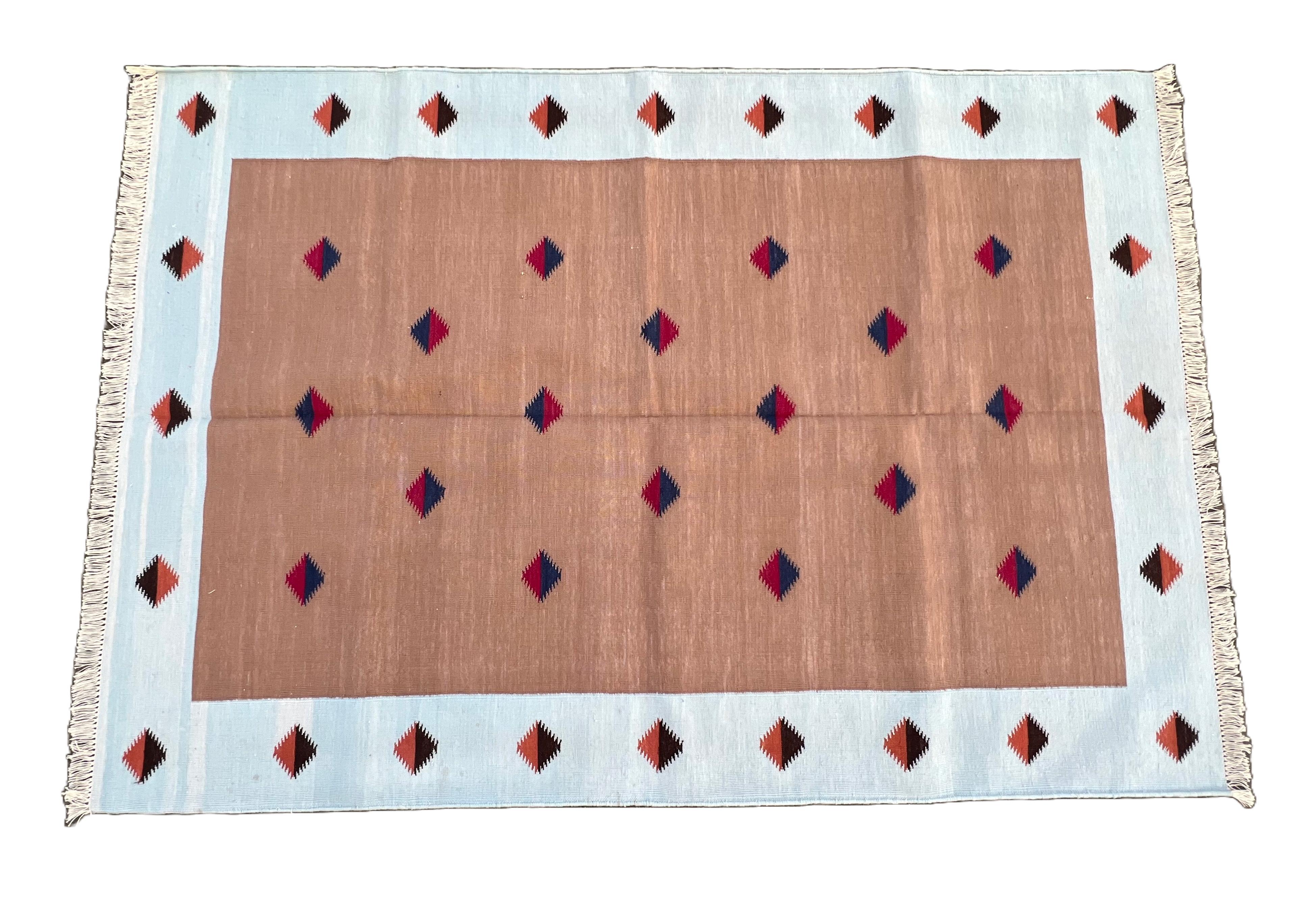 Handmade Cotton Area Flat Weave Rug, 4x6 Tan And Blue Diamond Indian Dhurrie Rug For Sale 4