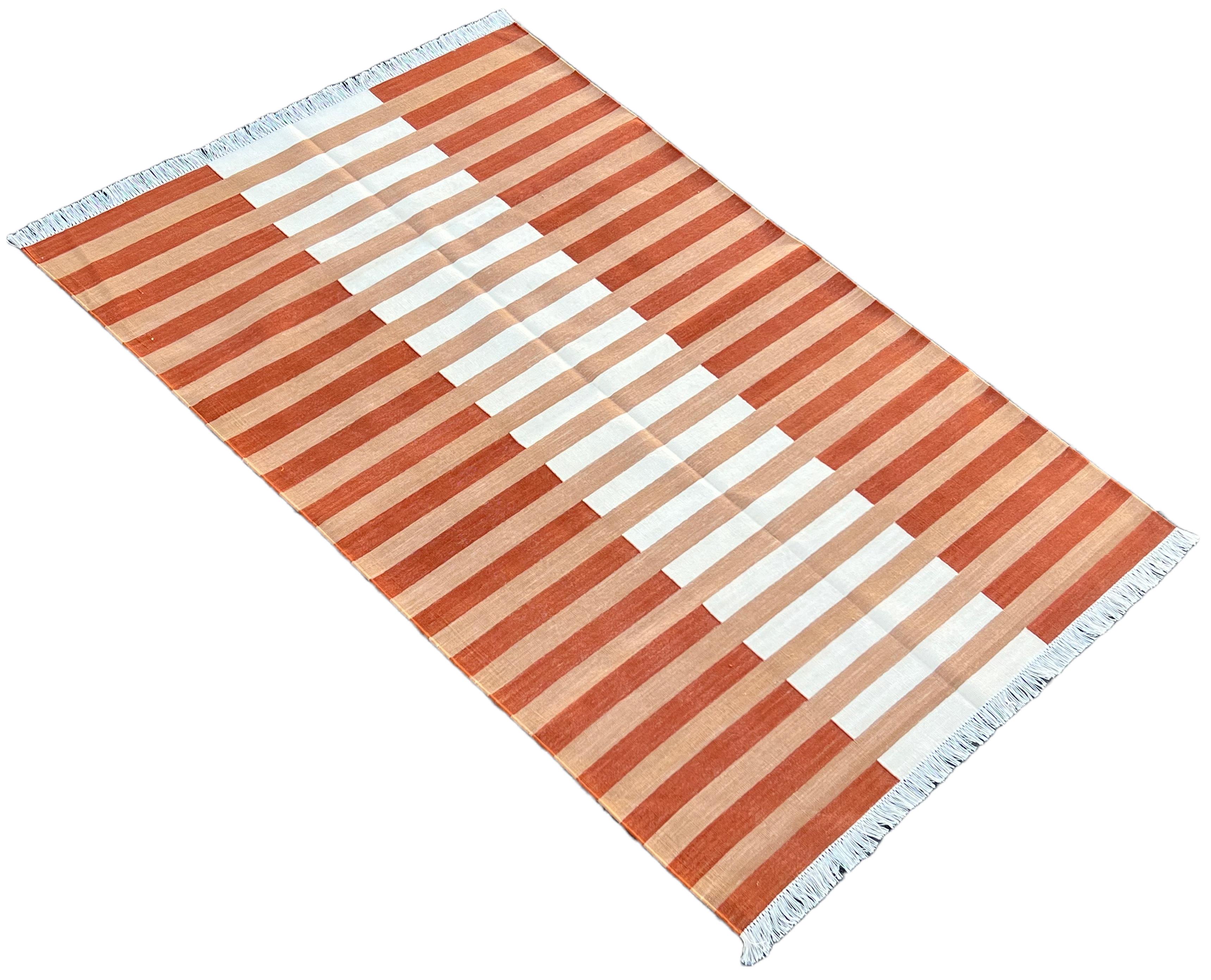 Handmade Cotton Area Flat Weave Rug, 4x6 Tan And White Stripe Indian Dhurrie Rug For Sale 4