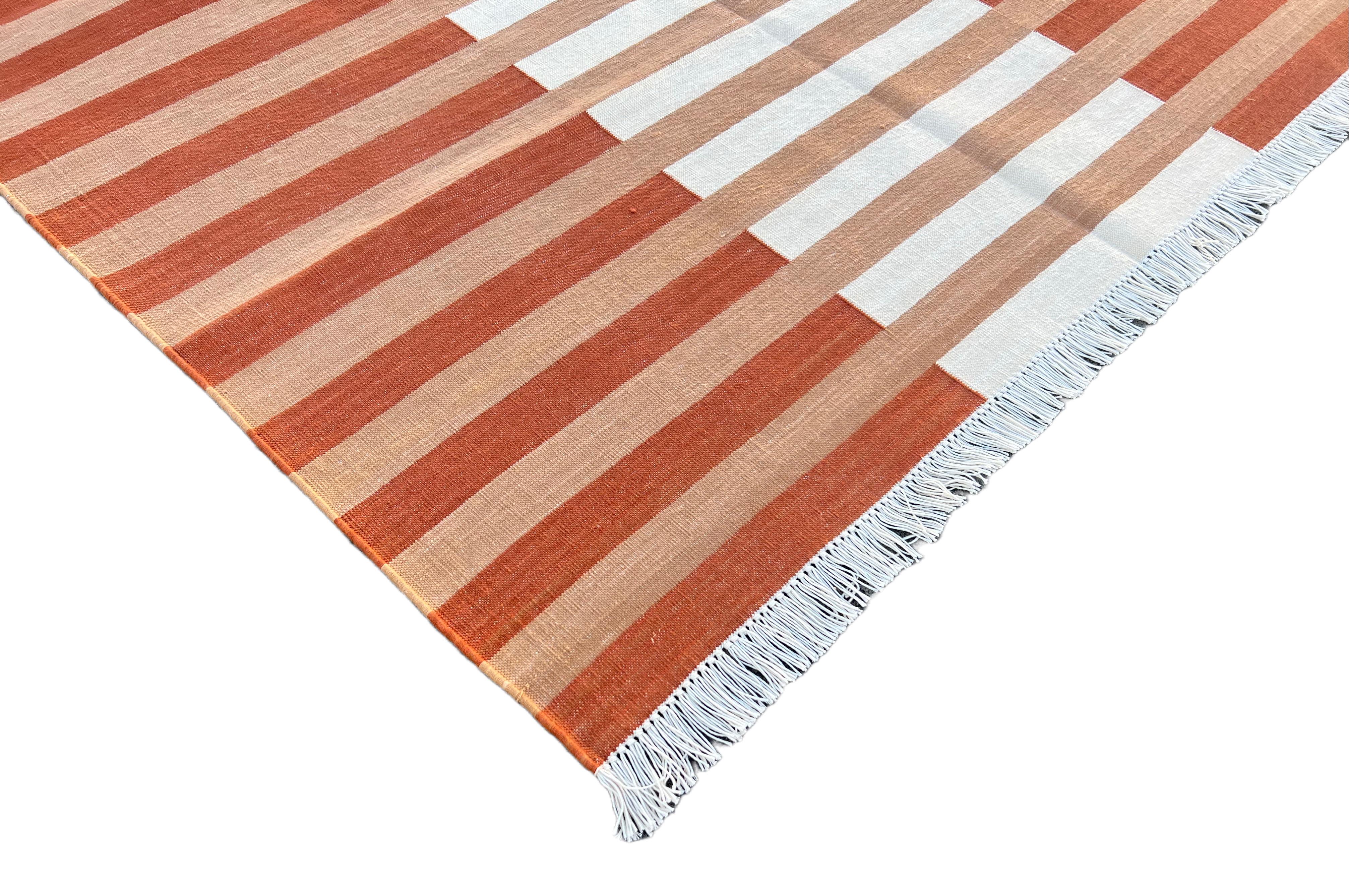 Mid-Century Modern Handmade Cotton Area Flat Weave Rug, 4x6 Tan And White Stripe Indian Dhurrie Rug For Sale