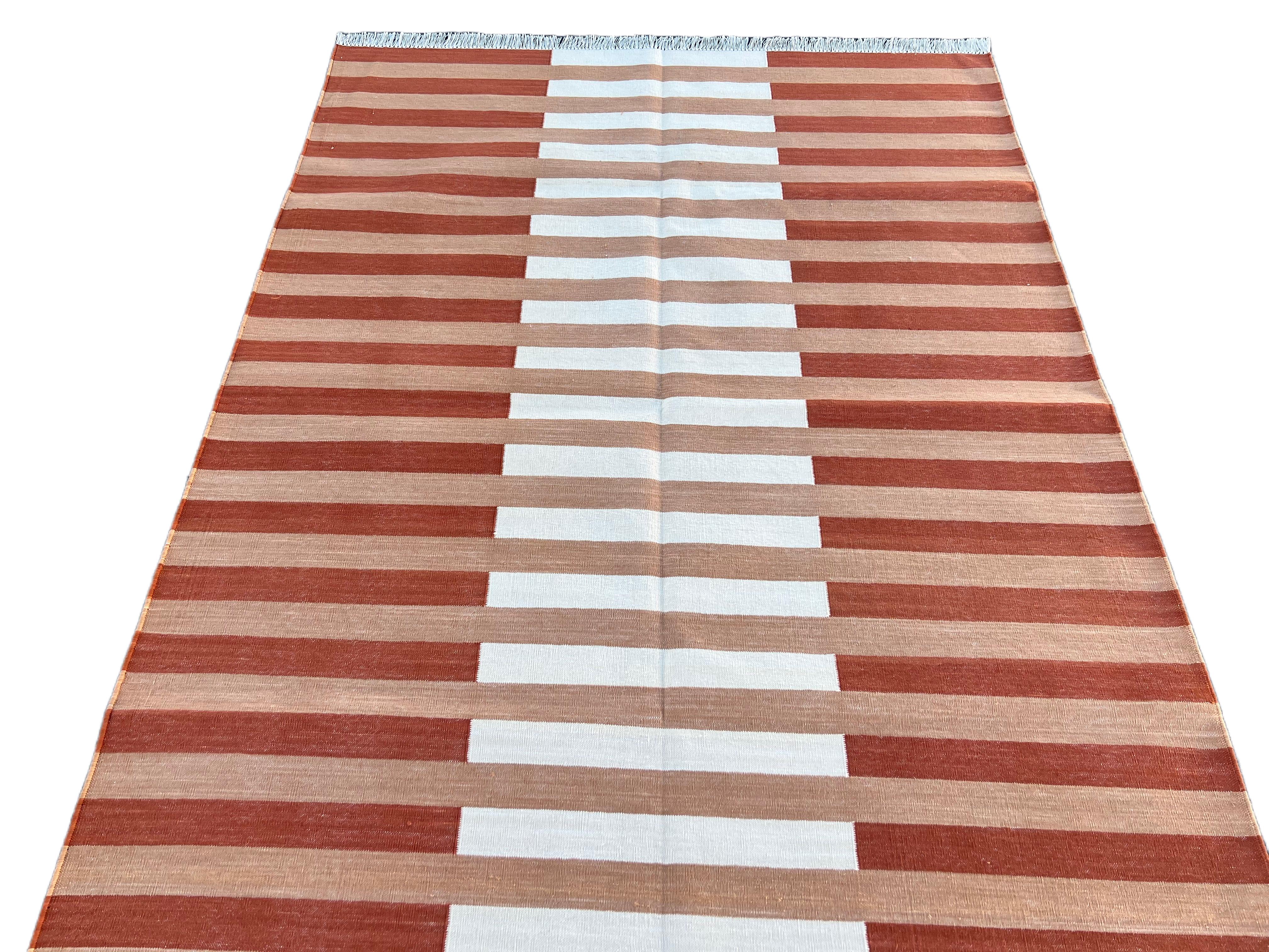 Handmade Cotton Area Flat Weave Rug, 4x6 Tan And White Stripe Indian Dhurrie Rug For Sale 1