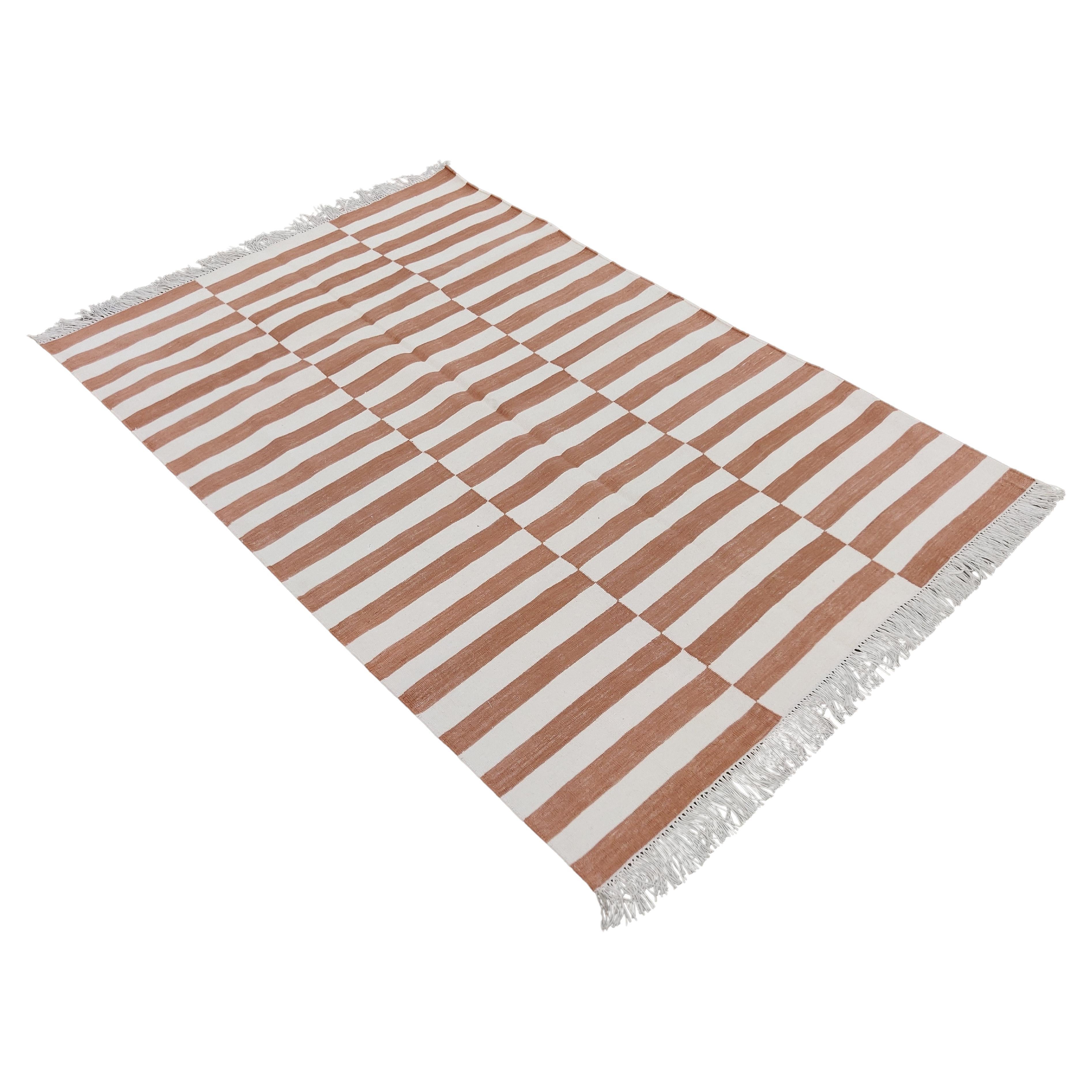 Handmade Cotton Area Flat Weave Rug, 4x6 Tan And White Striped Indian Dhurrie For Sale