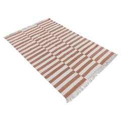 Handmade Cotton Area Flat Weave Rug, 4x6 Tan And White Striped Indian Dhurrie