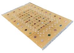 Alfombra de Algodón de Tejido Plano, 4x6 Dhurrie Estrella Fugaz Amarilla y Blanca