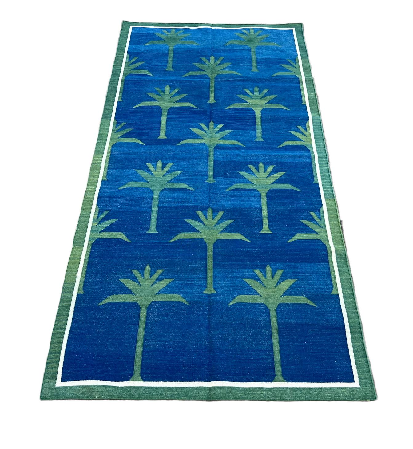 Handmade Cotton Area Flat Weave Rug, 4x8 Blue And Green Palm Tree Dhurrie Runner For Sale 4