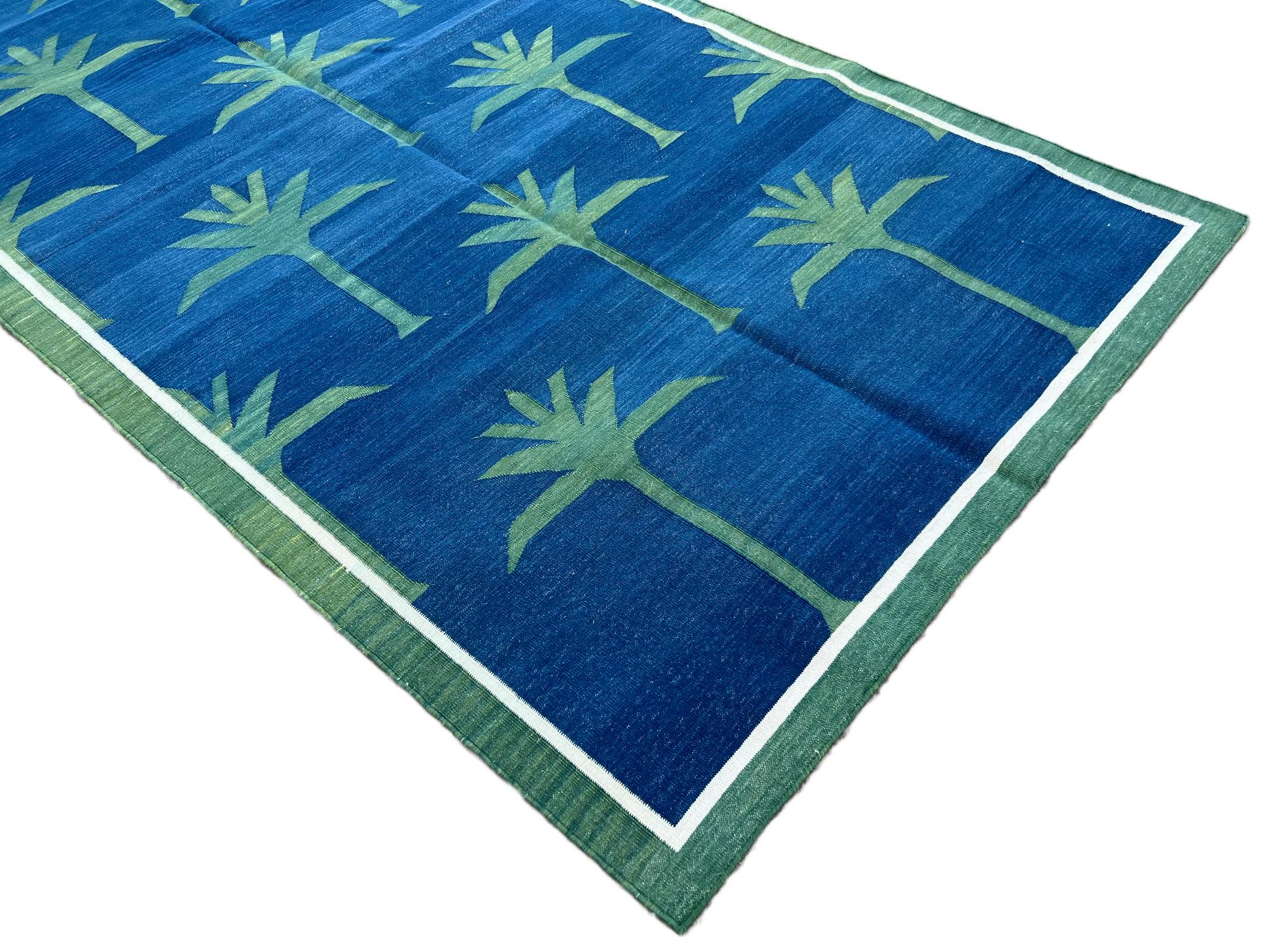 Hand-Woven Handmade Cotton Area Flat Weave Rug, 4x8 Blue And Green Palm Tree Dhurrie Runner For Sale