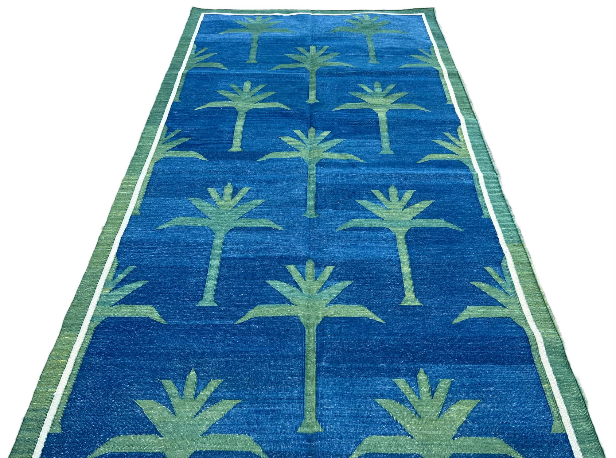 Contemporary Handmade Cotton Area Flat Weave Rug, 4x8 Blue And Green Palm Tree Dhurrie Runner For Sale