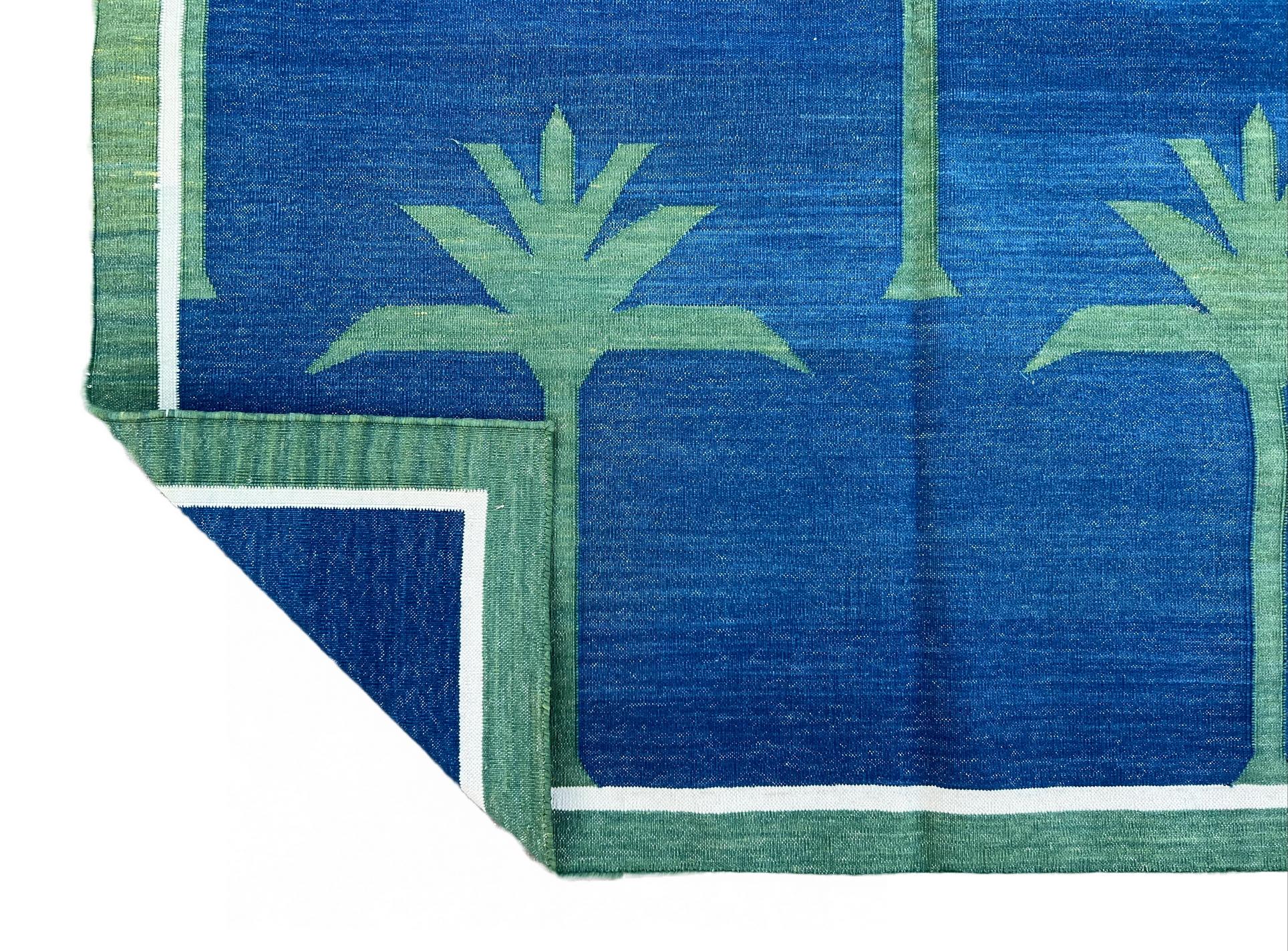 Handmade Cotton Area Flat Weave Rug, 4x8 Blue And Green Palm Tree Dhurrie Runner For Sale 2