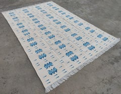 Handmade Cotton Area Flat Weave Rug, 5x7 Beige And Blue Butterfly Indian Dhurrie