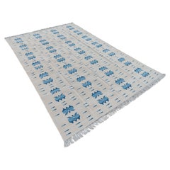 Handmade Cotton Area Flat Weave Rug, 5x7 Beige And Blue Butterfly Indian Dhurrie