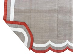 Handmade Cotton Area Flat Weave Rug, 5x7 Beige And Red Scalloped Indian Dhurrie