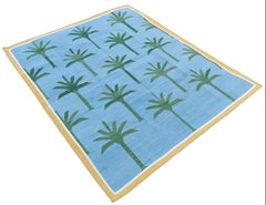 Handmade Cotton Area Flat Weave Rug, 5x7 Blue And Green Palm Tree Indian Dhurrie