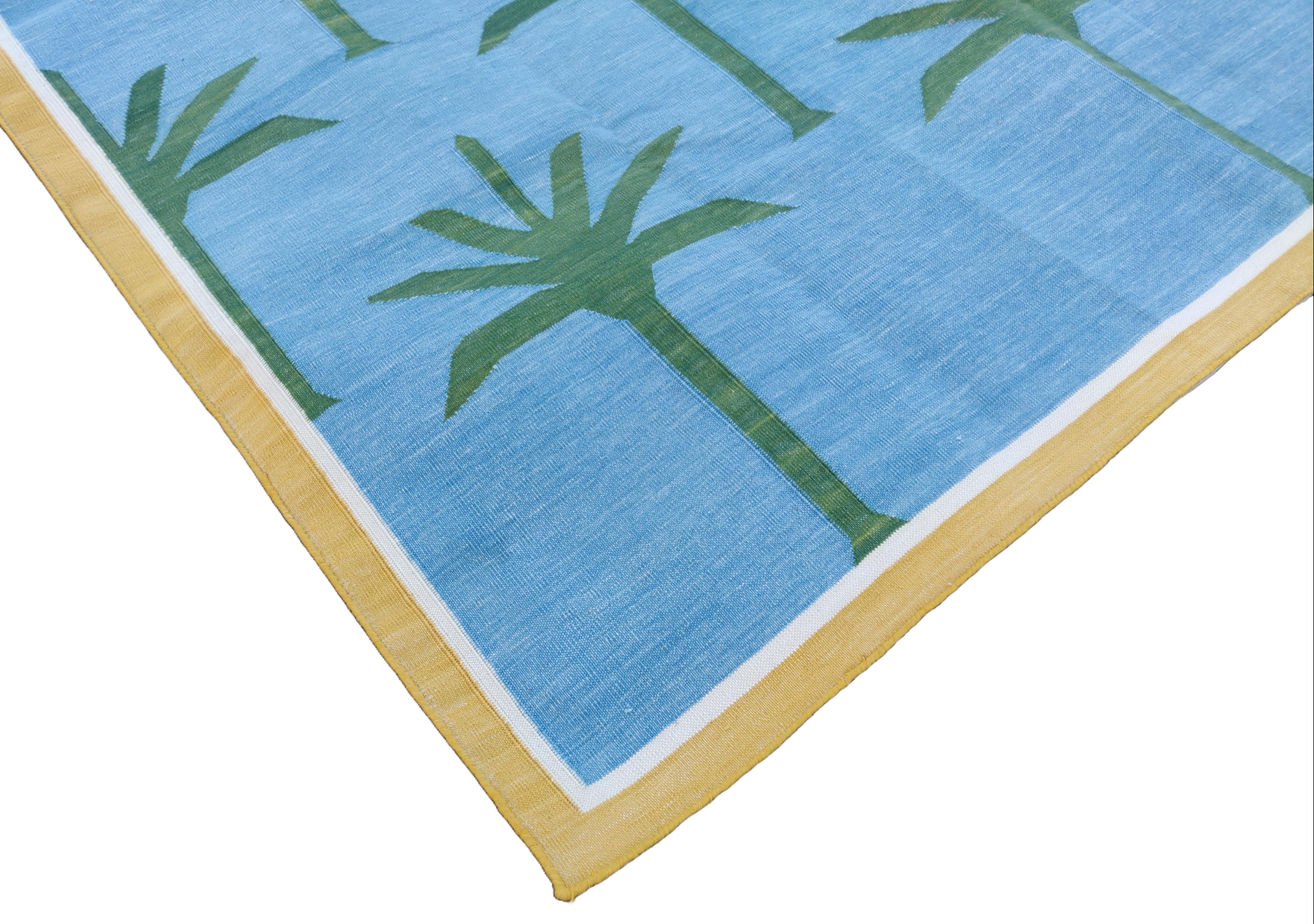 Mid-Century Modern Handmade Cotton Area Flat Weave Rug, 5x7 Blue And Green Palm Tree Indian Dhurrie For Sale