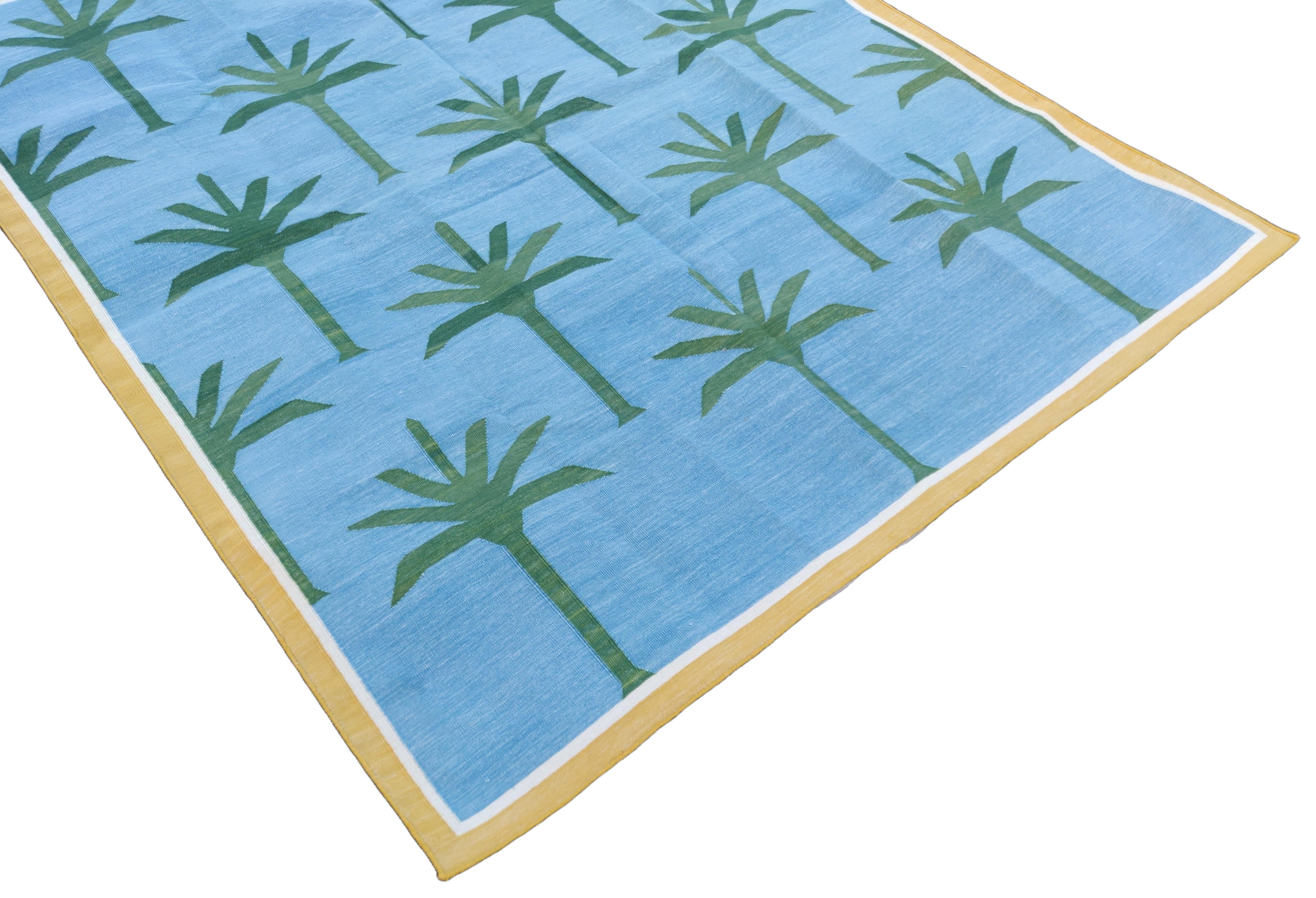 Hand-Woven Handmade Cotton Area Flat Weave Rug, 5x7 Blue And Green Palm Tree Indian Dhurrie For Sale