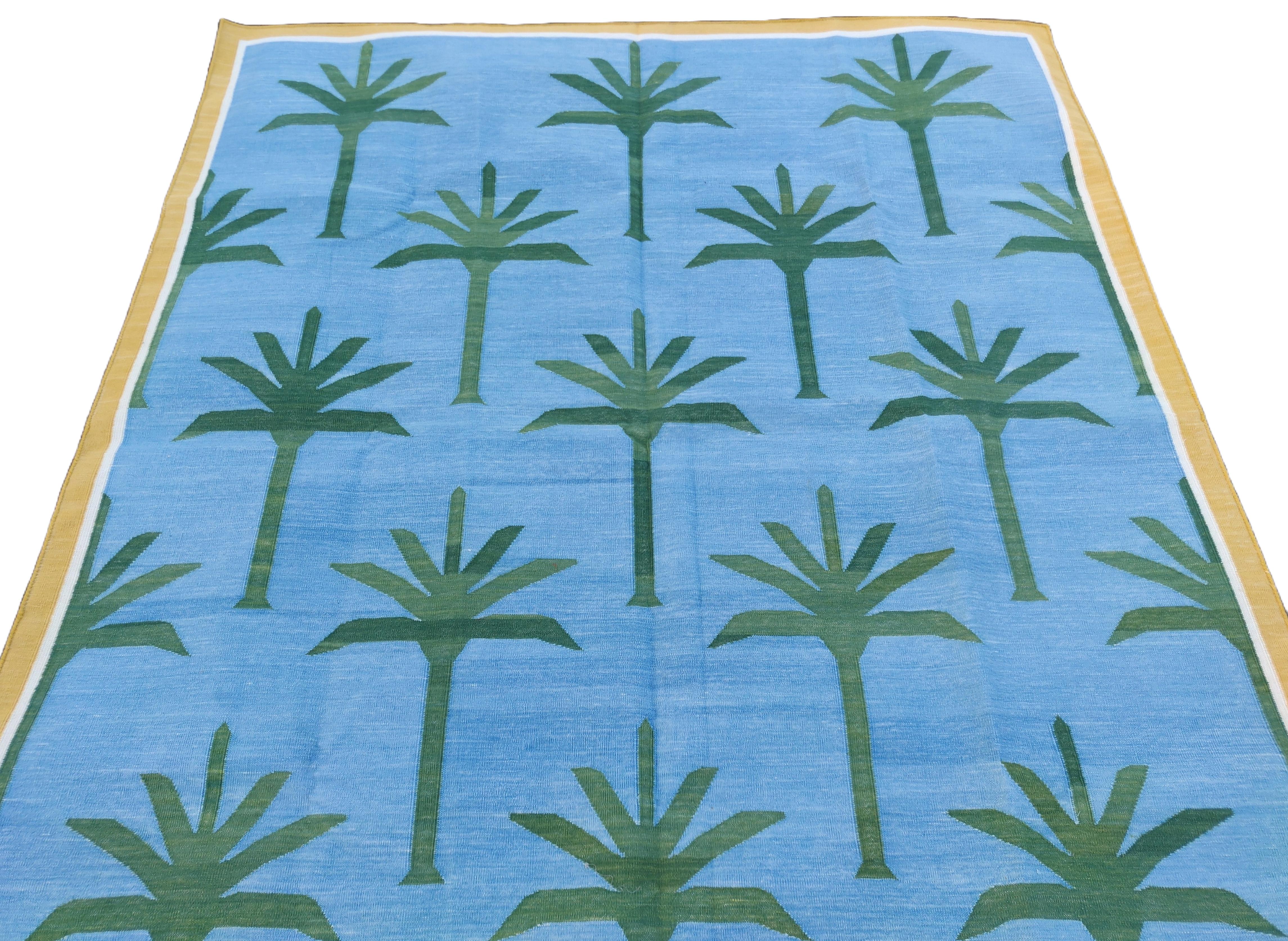 Contemporary Handmade Cotton Area Flat Weave Rug, 5x7 Blue And Green Palm Tree Indian Dhurrie For Sale