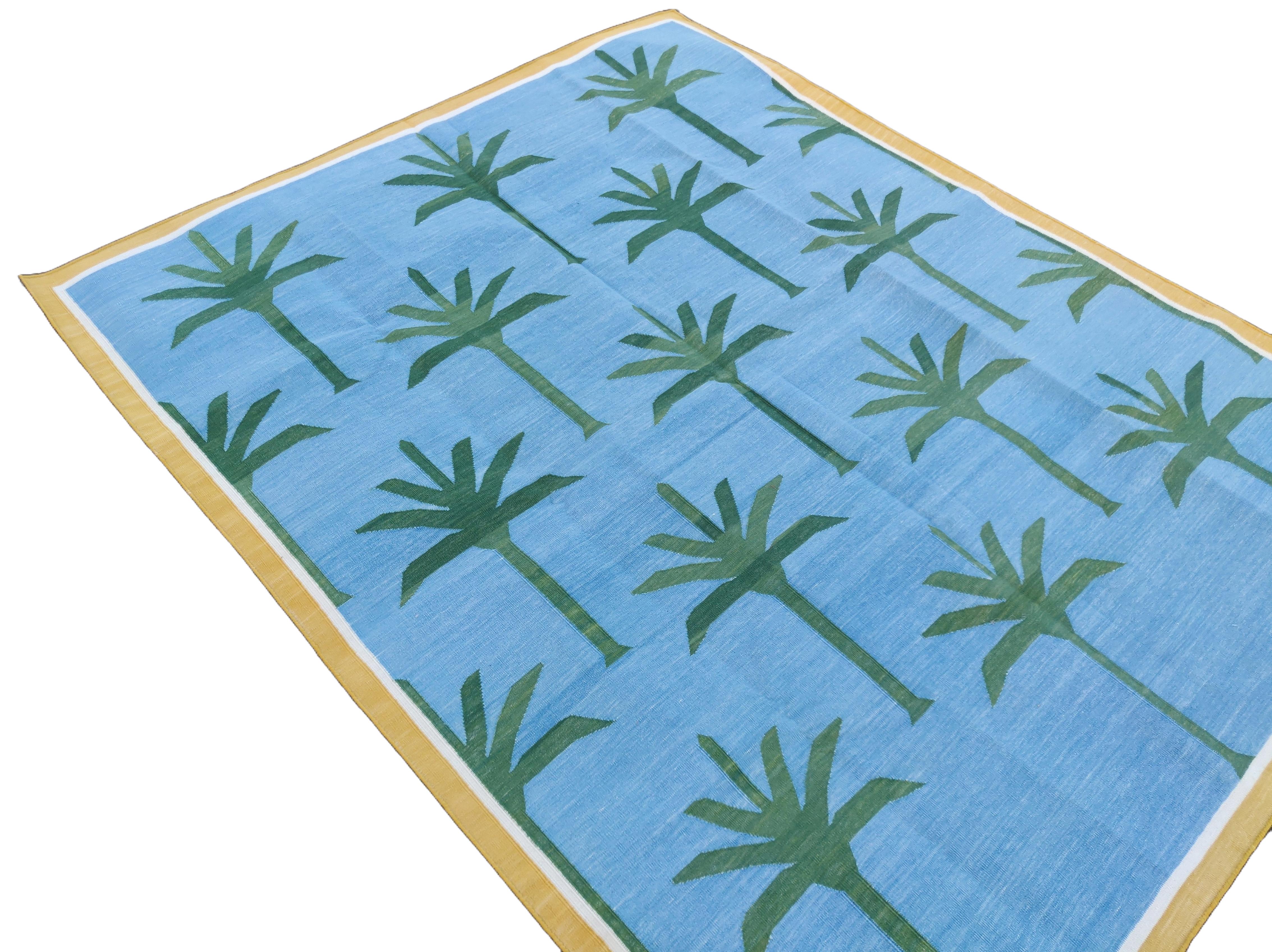 Handmade Cotton Area Flat Weave Rug, 5x7 Blue And Green Palm Tree Indian Dhurrie For Sale 1