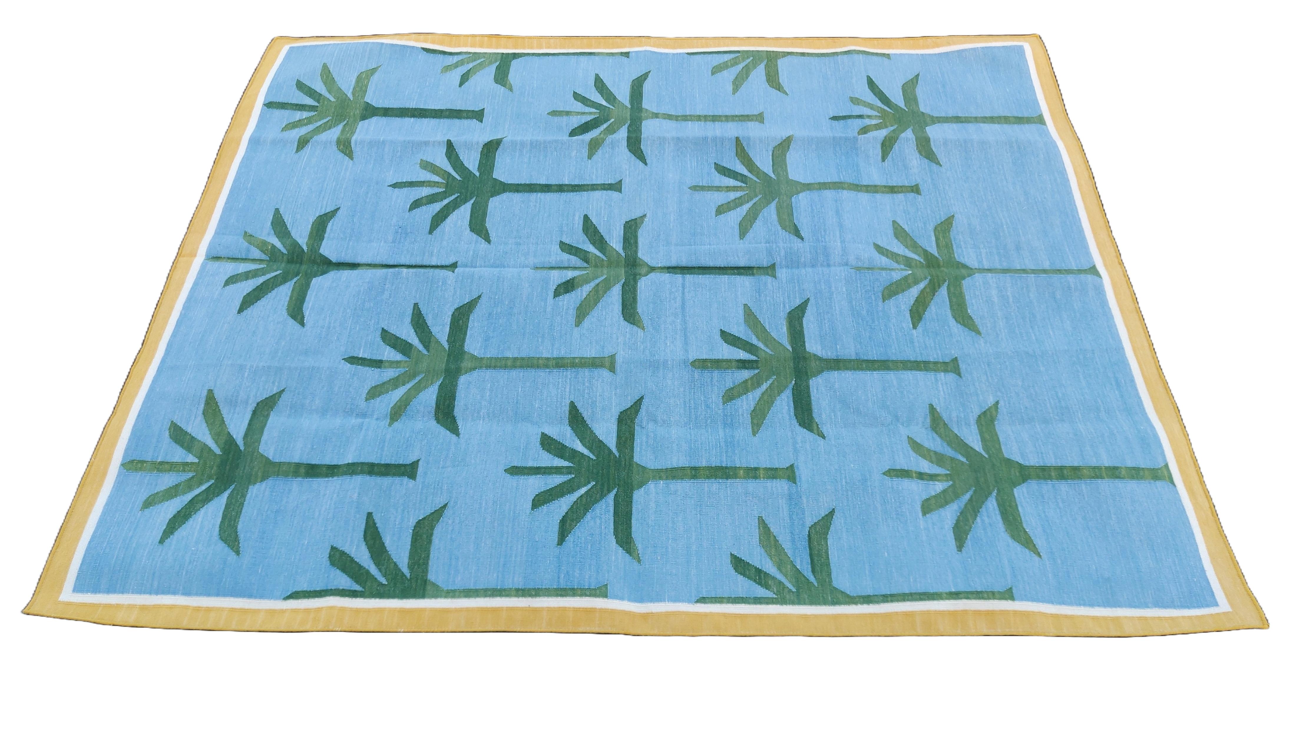 Handmade Cotton Area Flat Weave Rug, 5x7 Blue And Green Palm Tree Indian Dhurrie For Sale 2