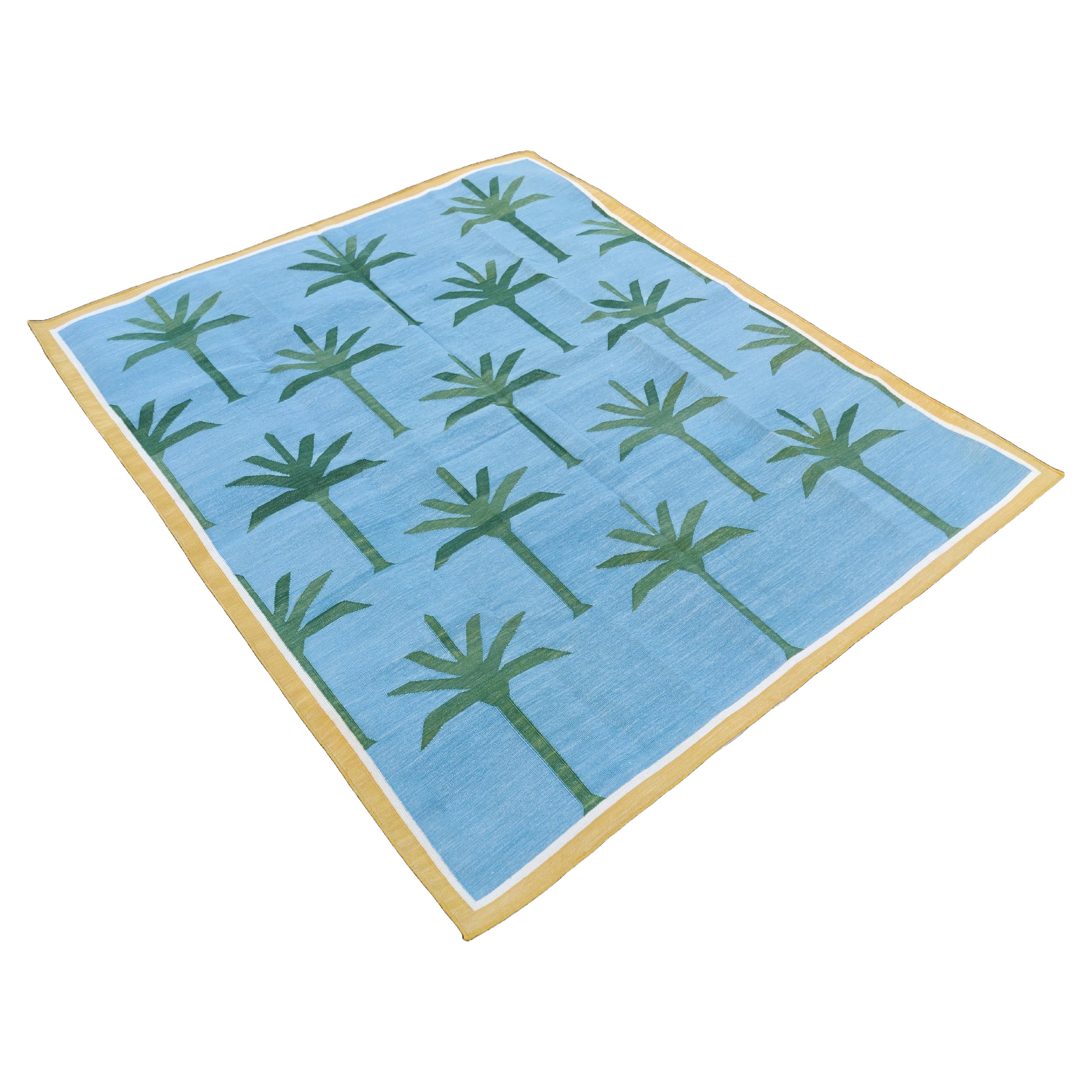 Handmade Cotton Area Flat Weave Rug, 5x7 Blue And Green Palm Tree Indian Dhurrie For Sale