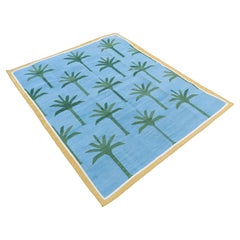 Handmade Cotton Area Flat Weave Rug, 5x7 Blue And Green Palm Tree Indian Dhurrie