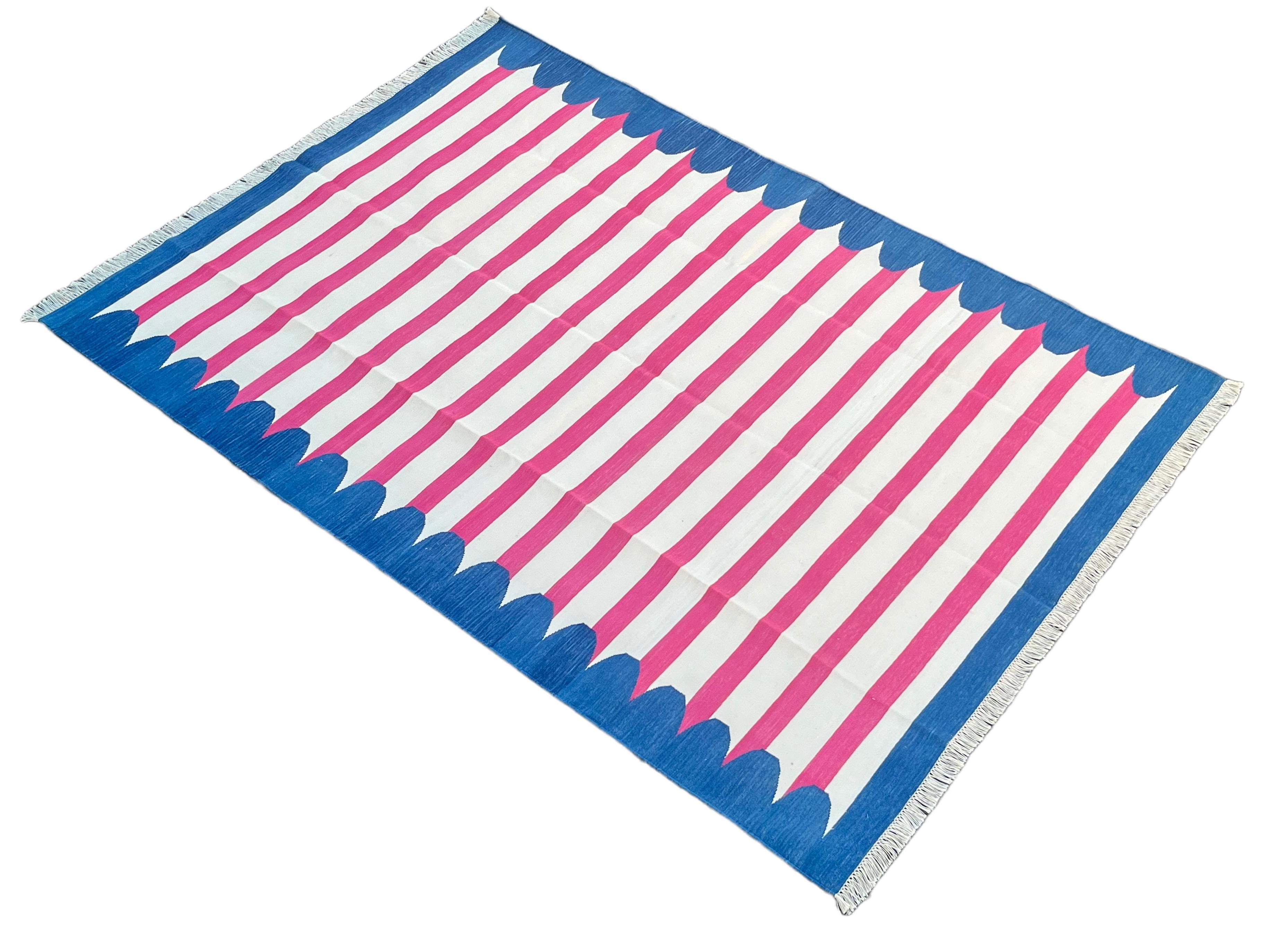 Cotton Vegetable Dyed Blue And Pink Scalloped Striped Indian Dhurrie Rug-5'x7' 
These special flat-weave dhurries are hand-woven with 15 ply 100% cotton yarn. Due to the special manufacturing techniques used to create our rugs, the size and color of