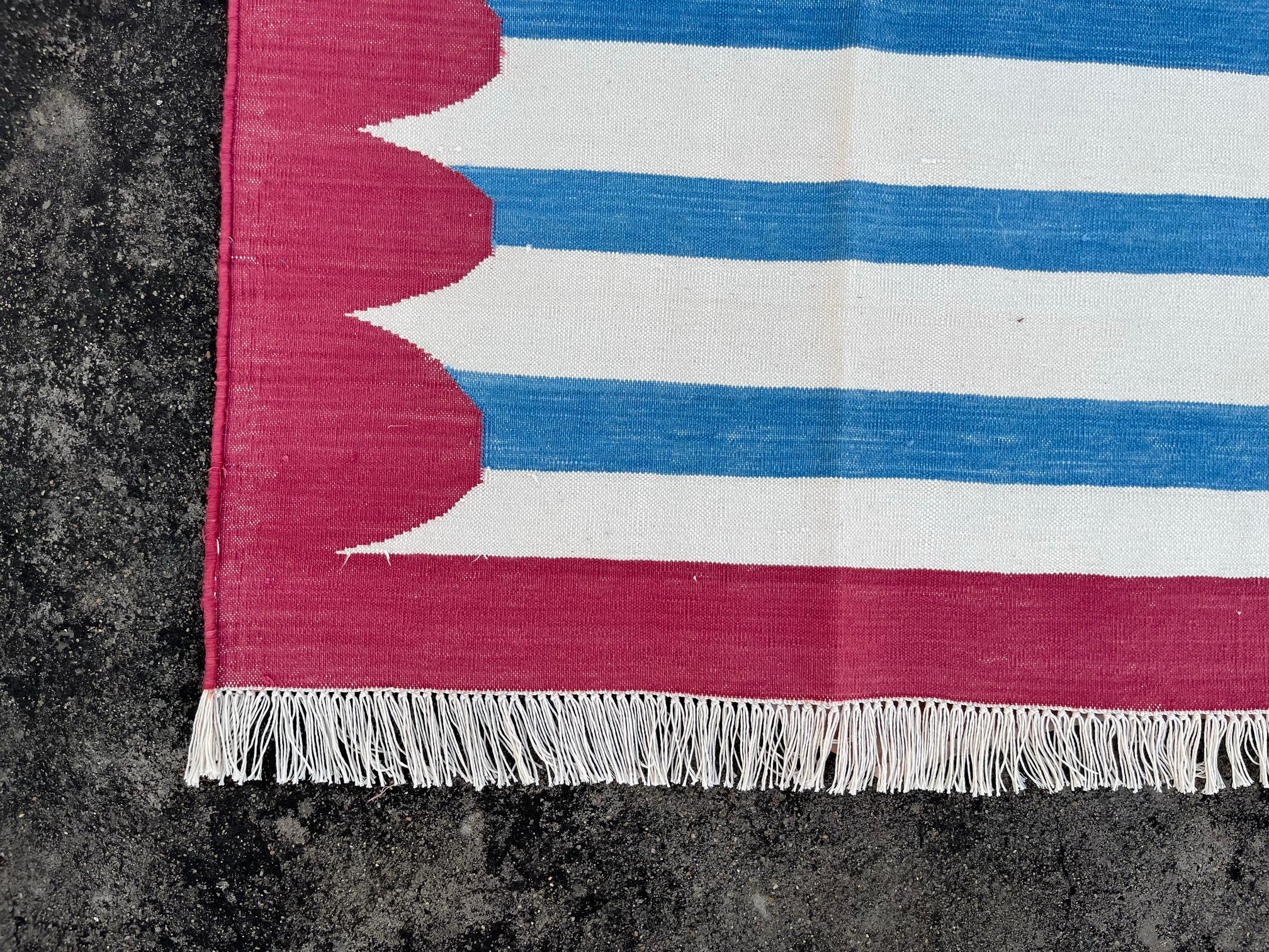Handmade Cotton Area Flat Weave Rug, 5x7 Blue And Pink Striped Indian Dhurrie For Sale 4