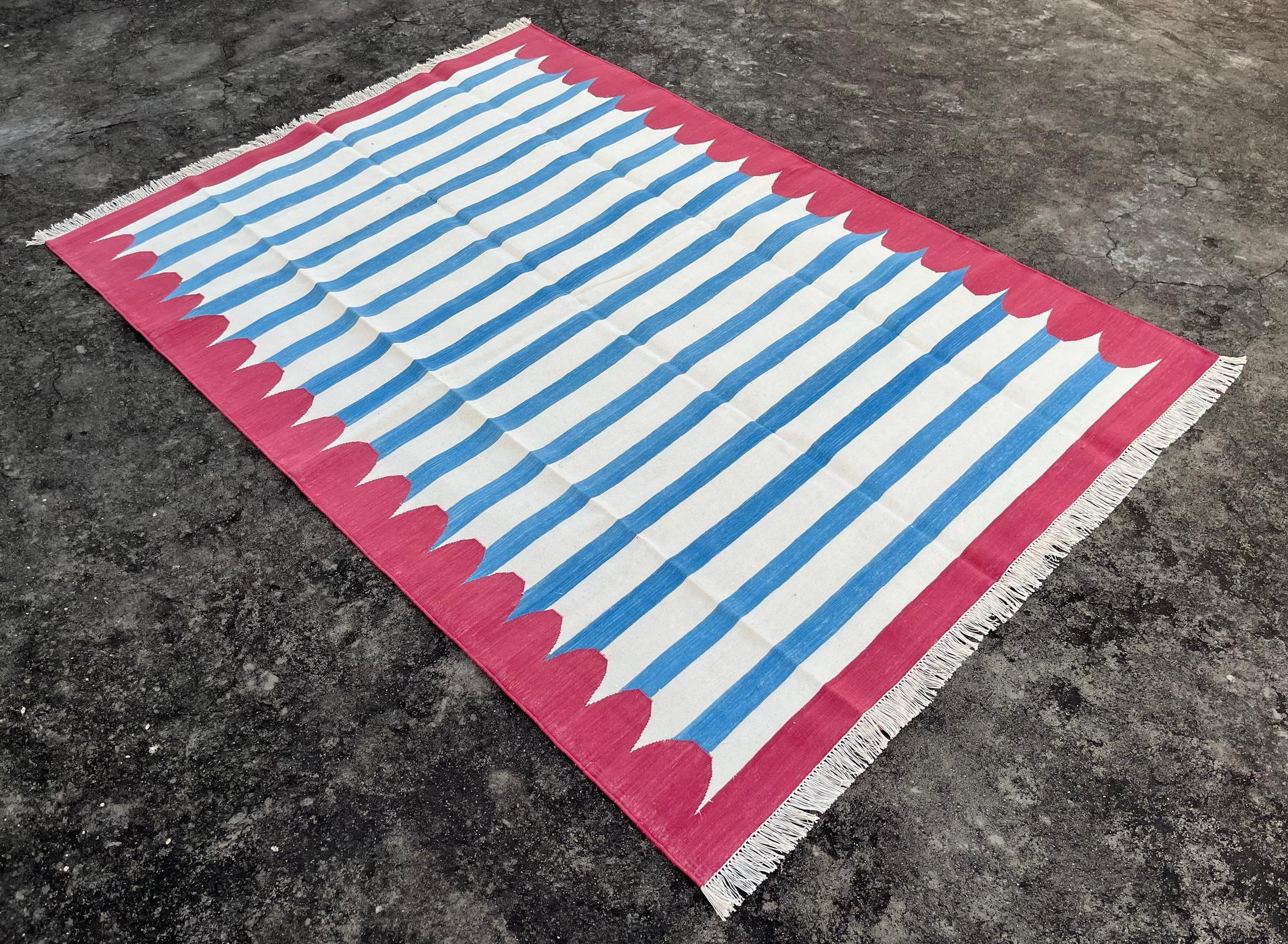 Hand-Woven Handmade Cotton Area Flat Weave Rug, 5x7 Blue And Pink Striped Indian Dhurrie For Sale