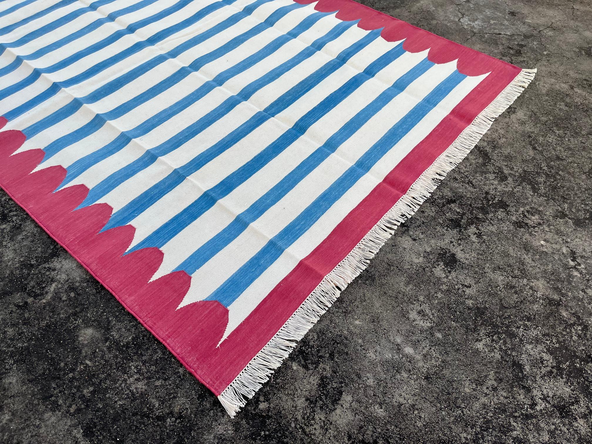 Contemporary Handmade Cotton Area Flat Weave Rug, 5x7 Blue And Pink Striped Indian Dhurrie For Sale