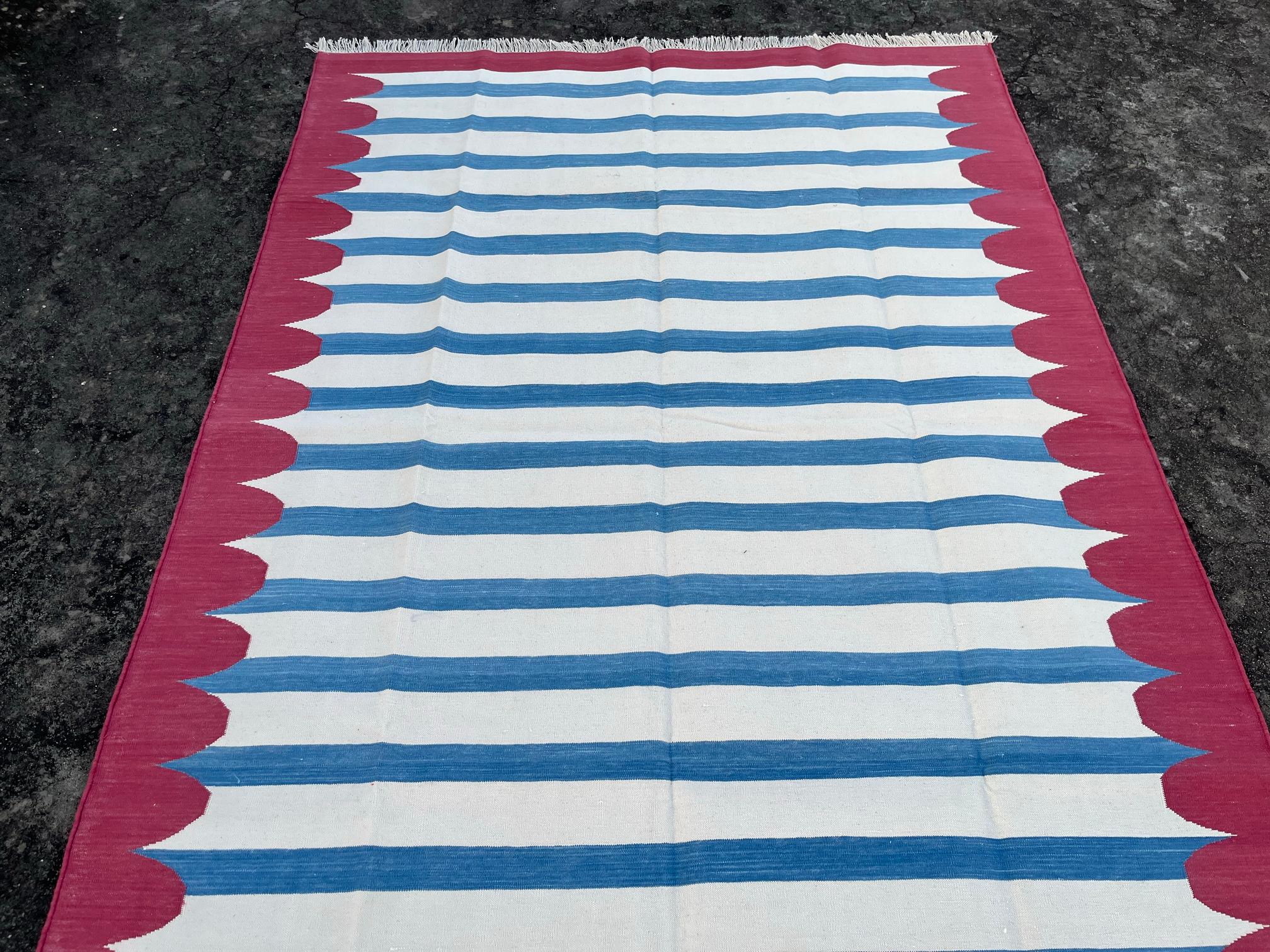 Handmade Cotton Area Flat Weave Rug, 5x7 Blue And Pink Striped Indian Dhurrie For Sale 3