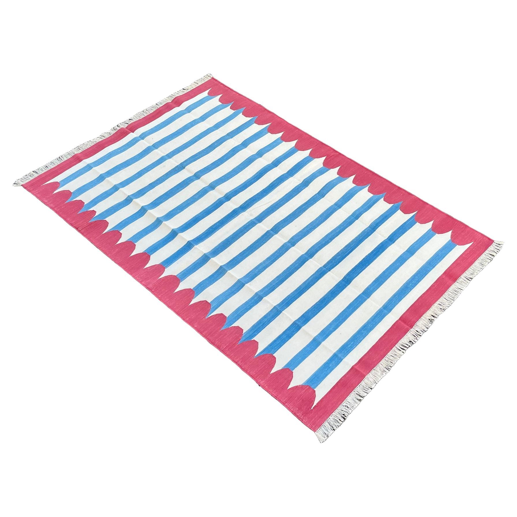 Handmade Cotton Area Flat Weave Rug, 5x7 Blue And Pink Striped Indian Dhurrie For Sale