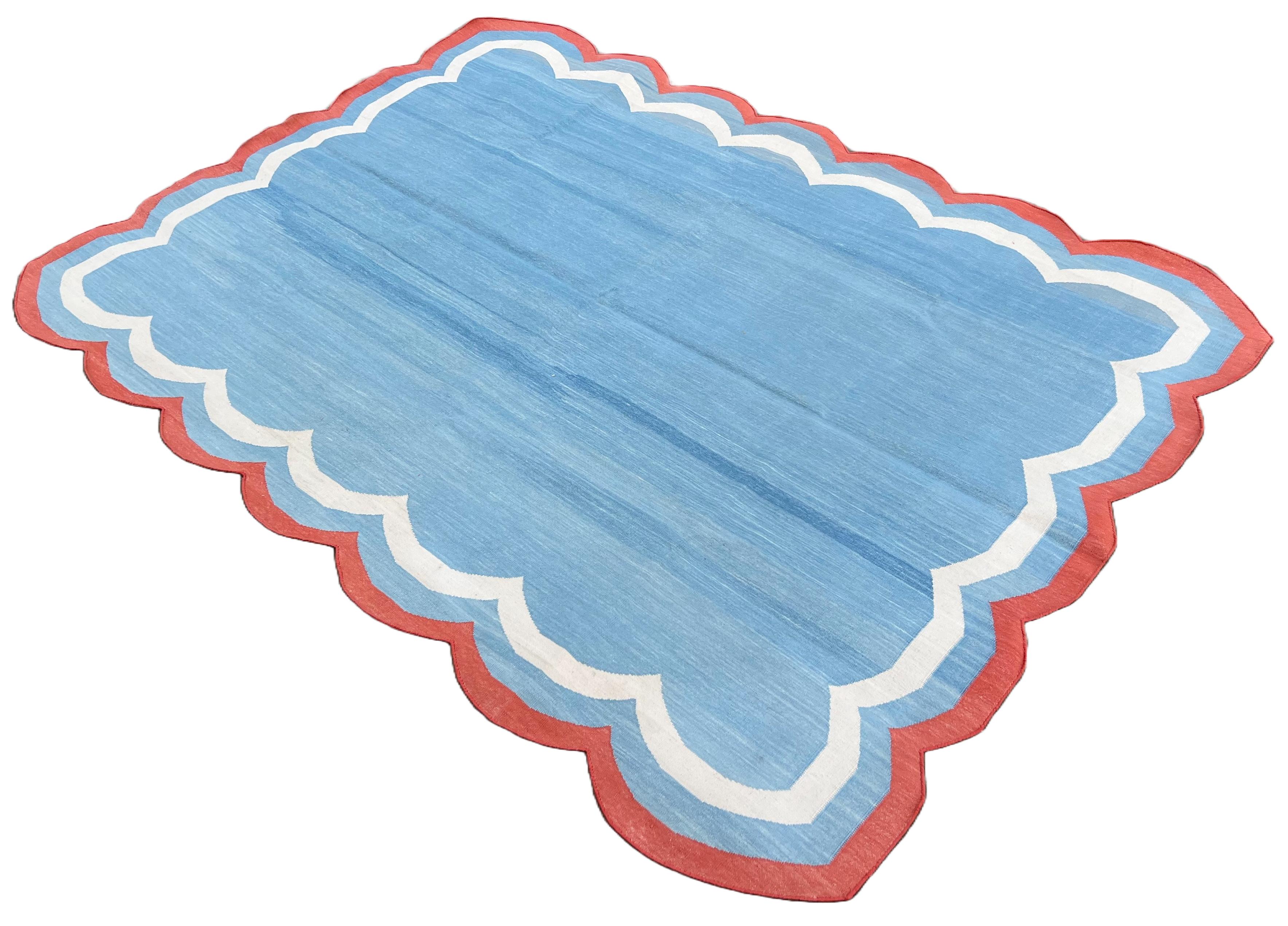 Cotton Vegetable Dyed Sky Blue, Cream and Terracotta Red Four Sided Scalloped Rug-5'x7' (150x210cm)

These special flat-weave dhurries are hand-woven with 15 ply 100% cotton yarn. Due to the special manufacturing techniques used to create our rugs,