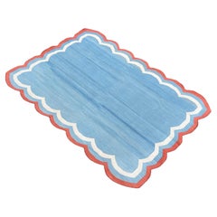 Handmade Cotton Area Flat Weave Rug, 5x7 Blue And Red Scalloped Indian Dhurrie