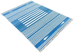 Handmade Cotton Area Flat Weave Rug, 5x7 Blue And White Striped Indian Dhurrie