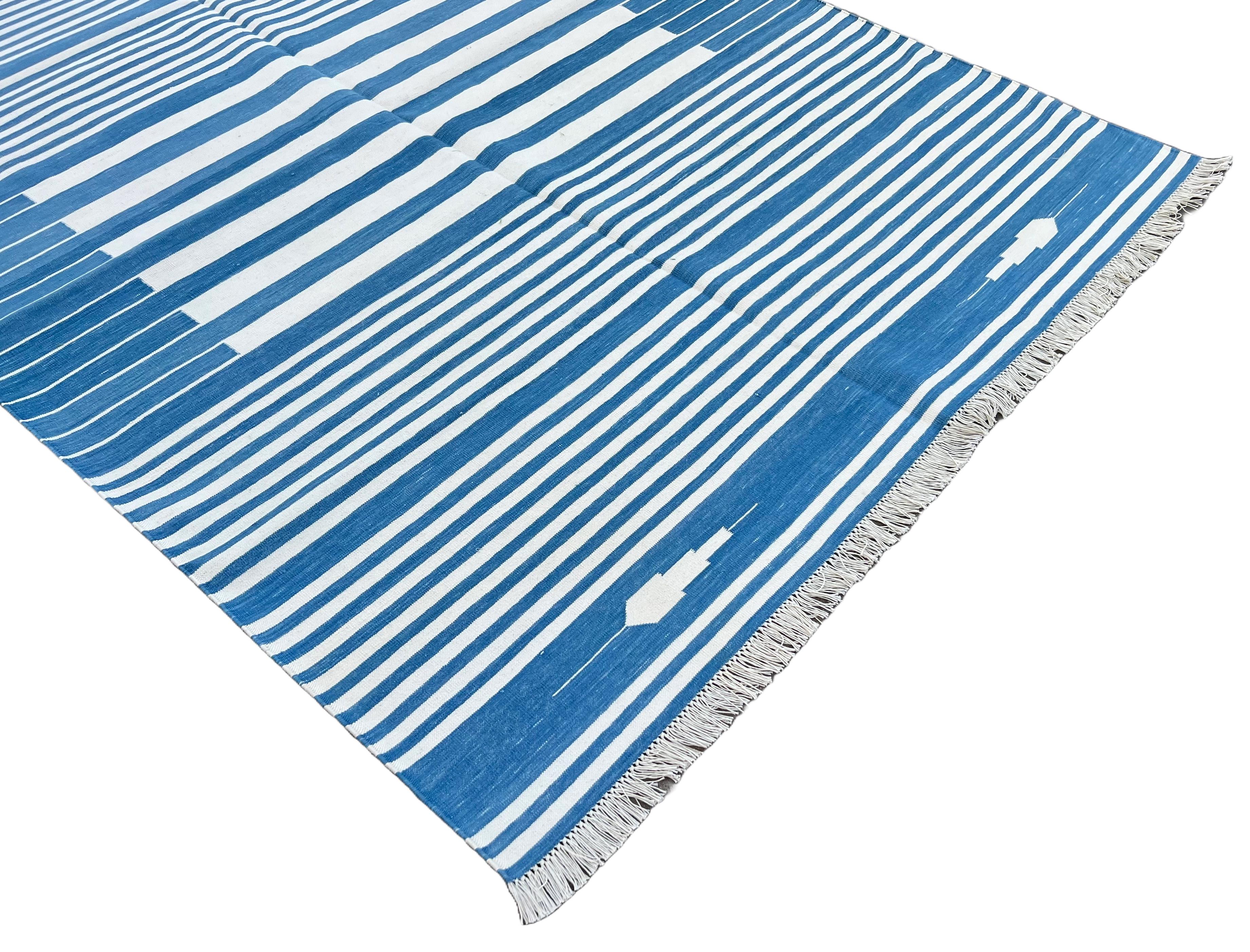 Hand-Woven Handmade Cotton Area Flat Weave Rug, 5x7 Blue And White Striped Indian Dhurrie For Sale