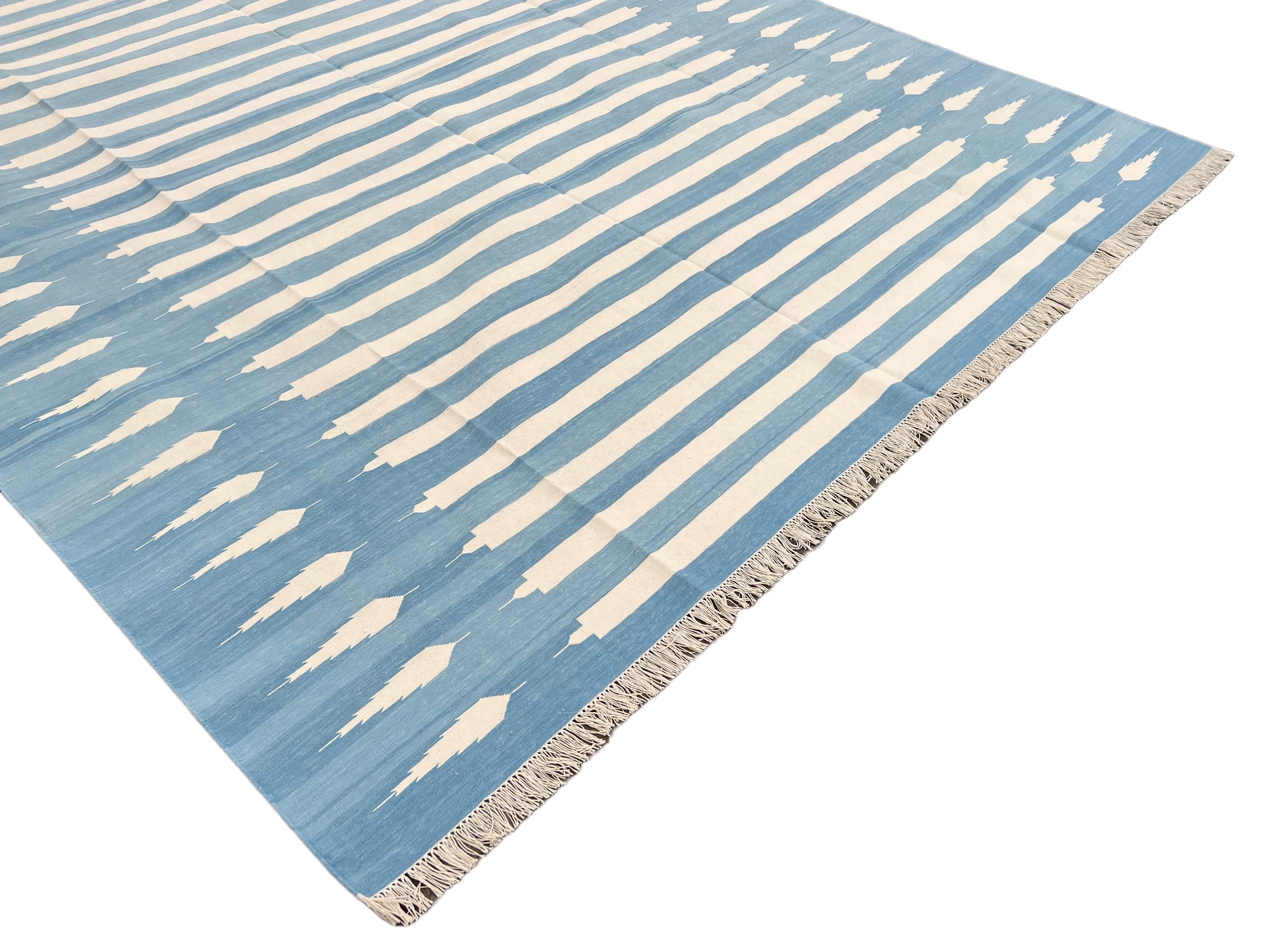 Hand-Woven Handmade Cotton Area Flat Weave Rug, 5x7 Blue And White Striped Indian Dhurrie For Sale