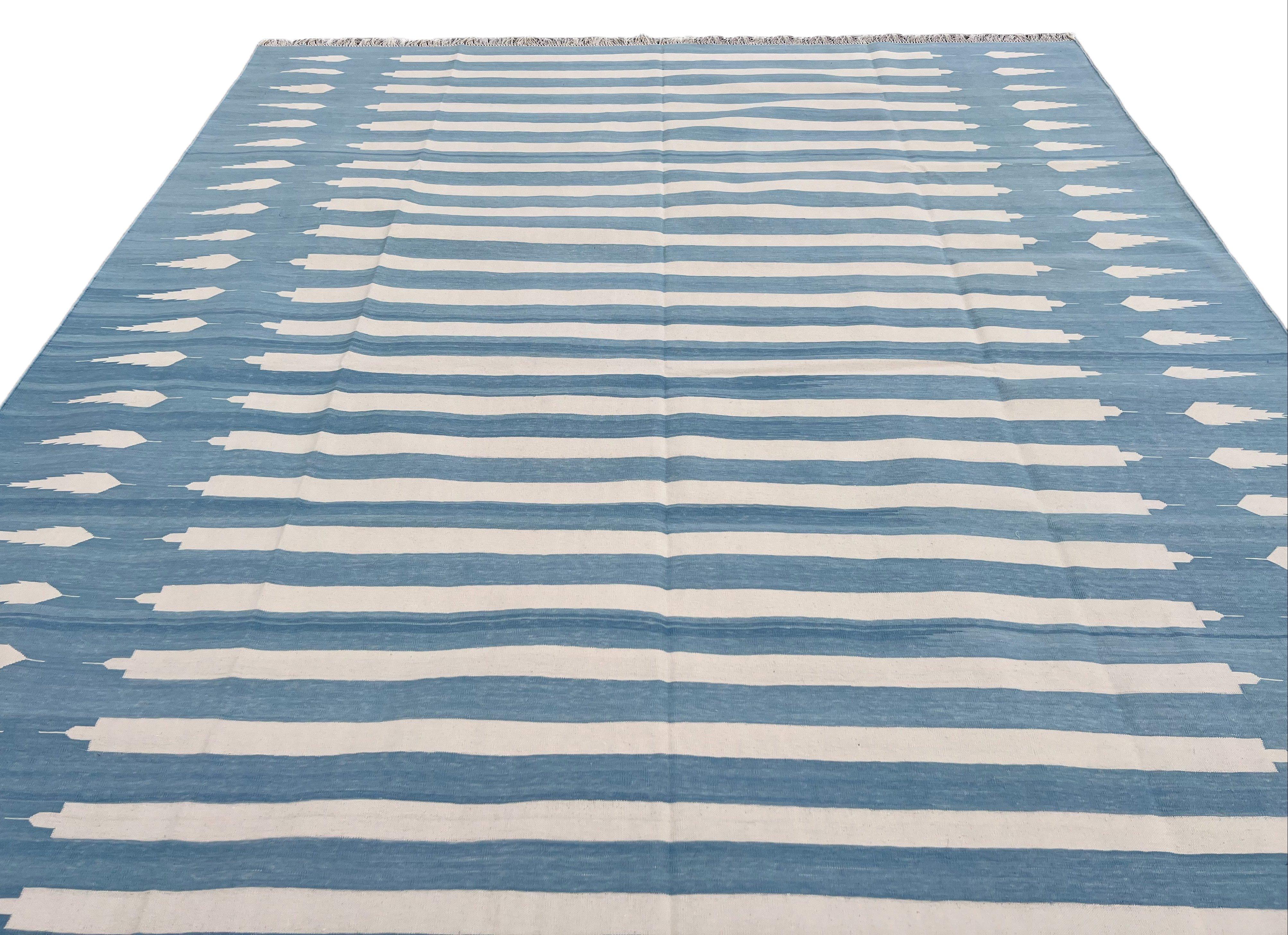 Handmade Cotton Area Flat Weave Rug, 5x7 Blue And White Striped Indian Dhurrie For Sale 1